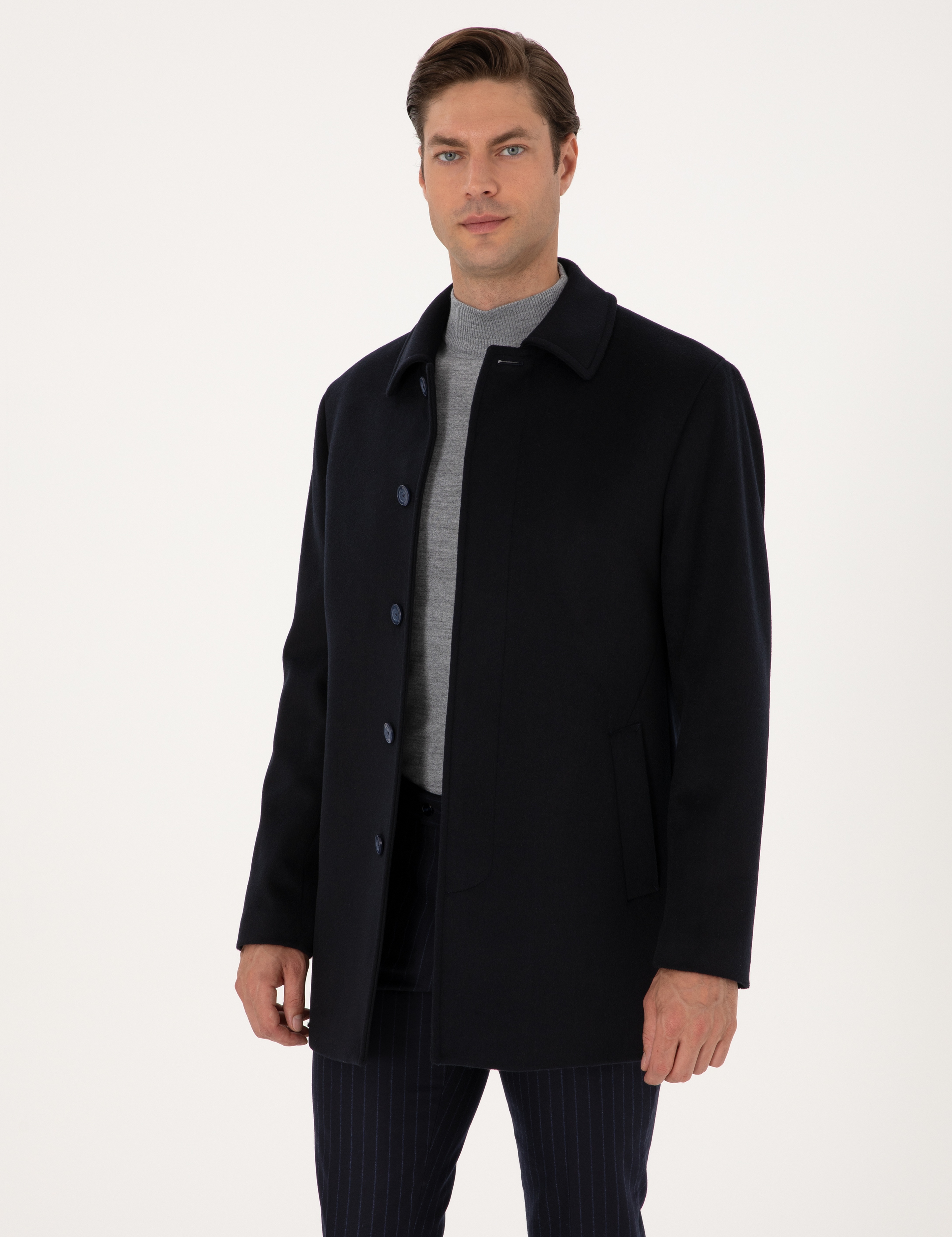 Lacivert Slim Fit Kaşe Kaban - Image 3