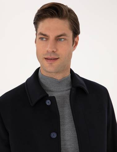 Lacivert Slim Fit Kaşe Kaban