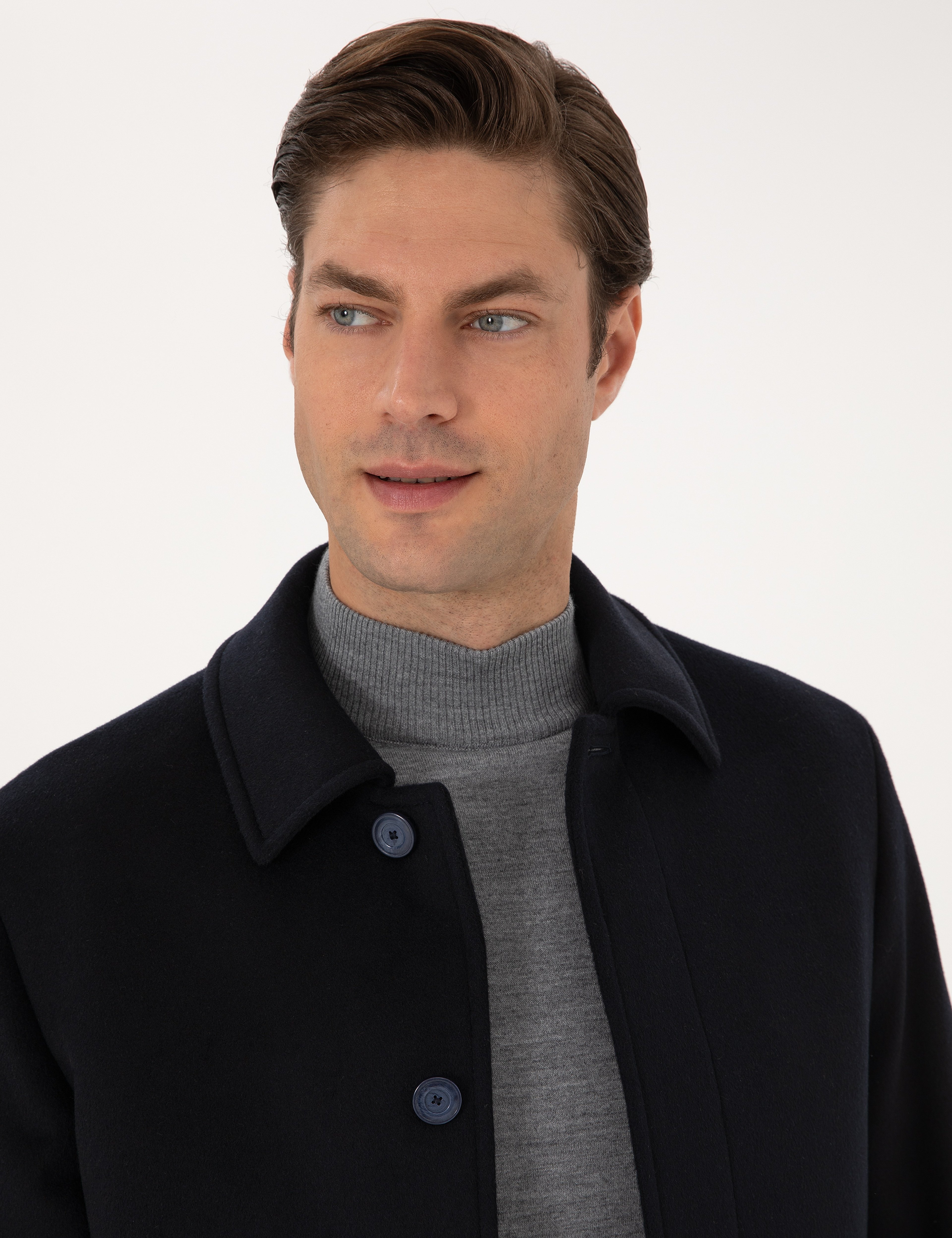 Lacivert Slim Fit Kaşe Kaban