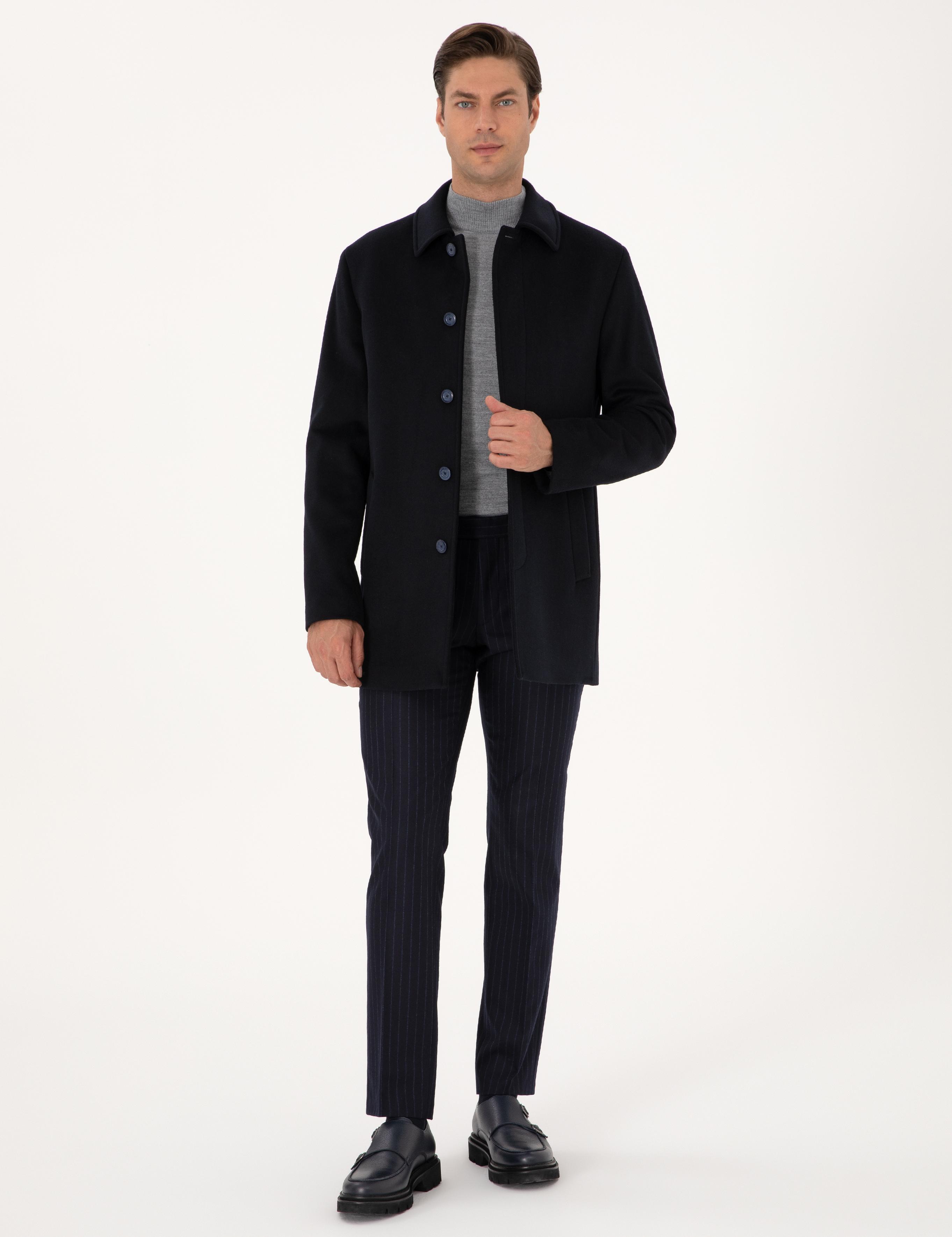 Lacivert Slim Fit Kaşe Kaban