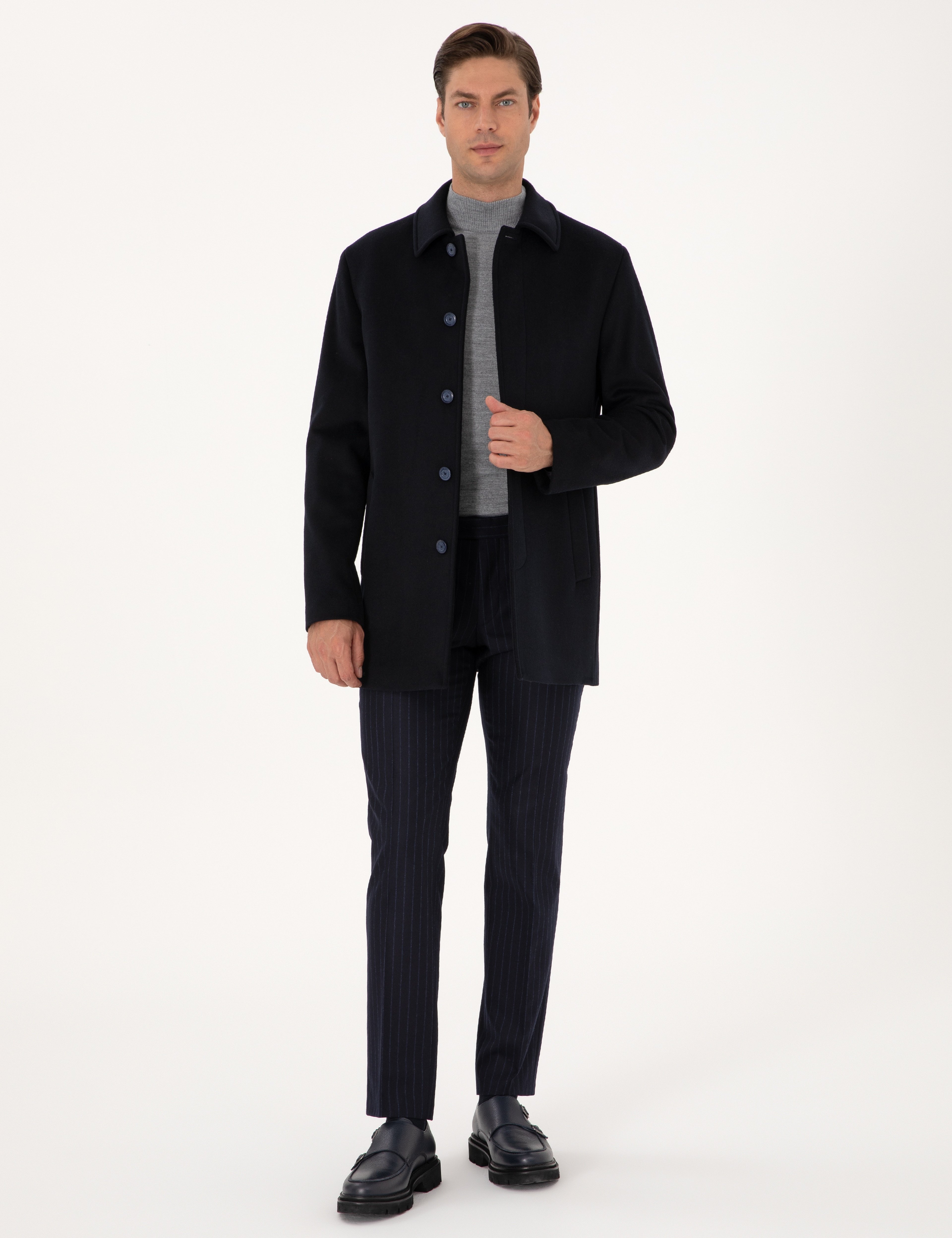 Lacivert Slim Fit Kaşe Kaban