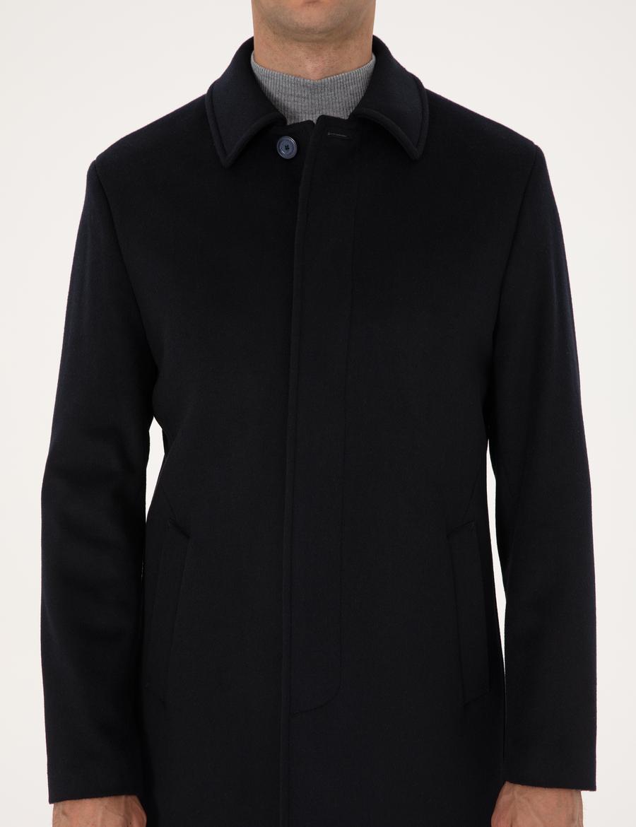 Lacivert Slim Fit Kaşe Kaban