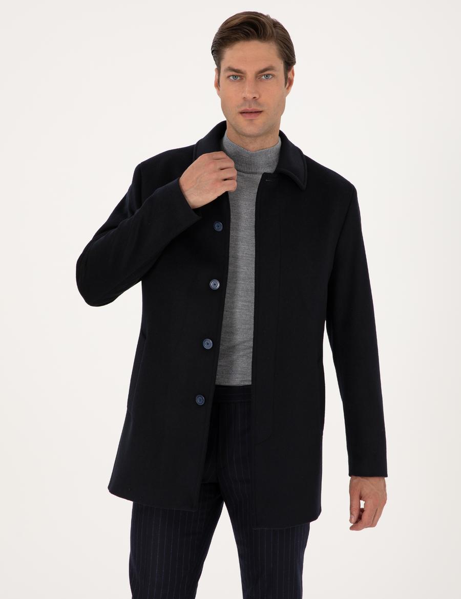 Lacivert Slim Fit Kaşe Kaban