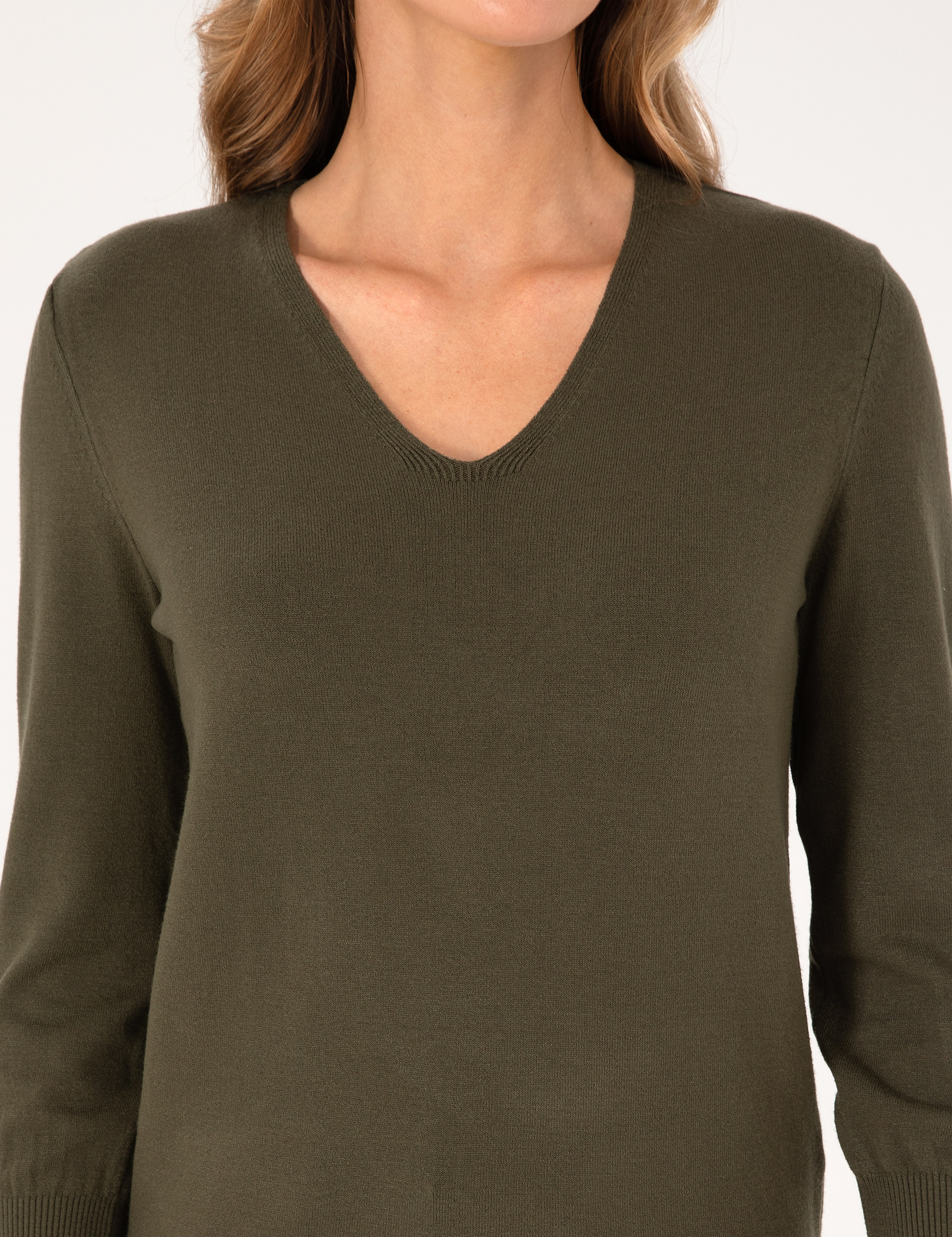 Haki Slim Fit V Yaka Basic Kazak - Image 6