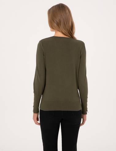 Haki Slim Fit V Yaka Basic Kazak
