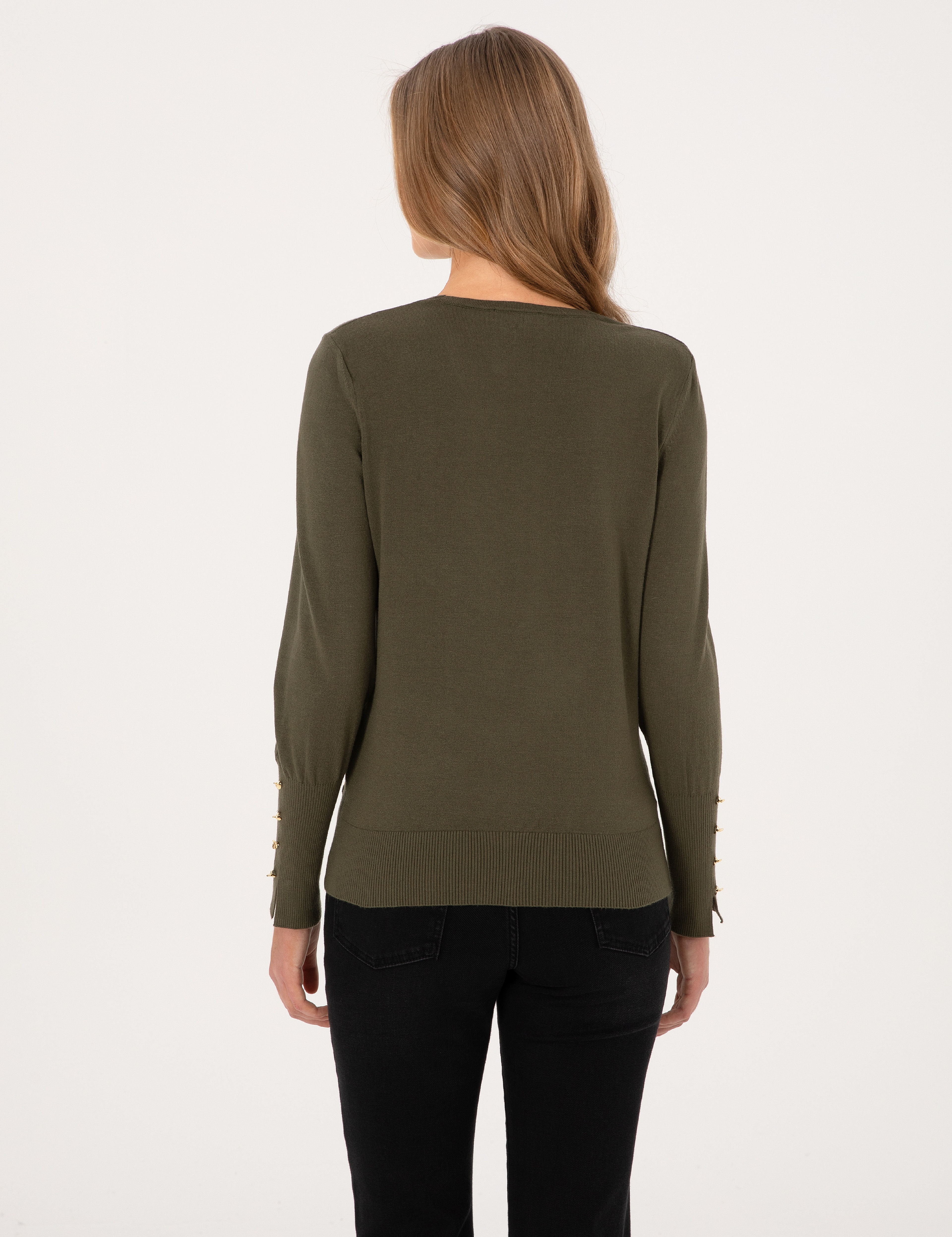 Haki Slim Fit V Yaka Basic Kazak - Image 5