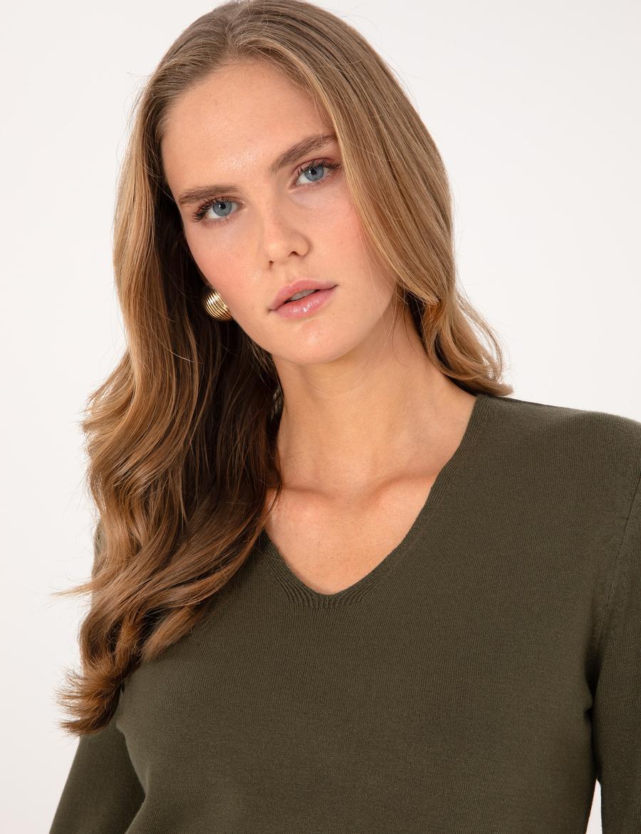 Haki Slim Fit V Yaka Basic Kazak