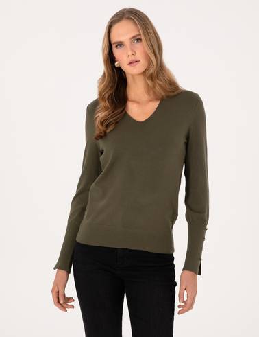Haki Slim Fit V Yaka Basic Kazak