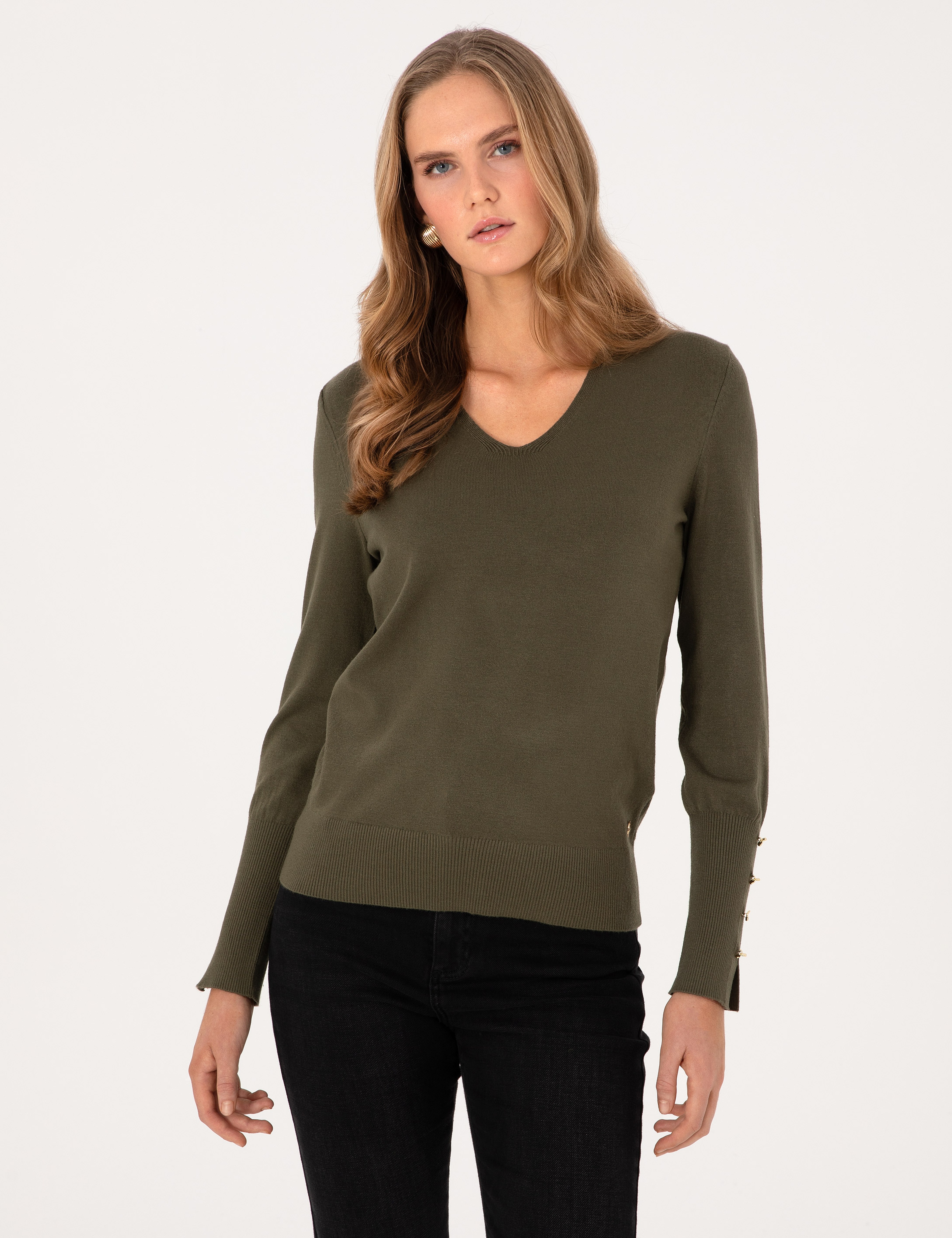 Haki Slim Fit V Yaka Basic Kazak