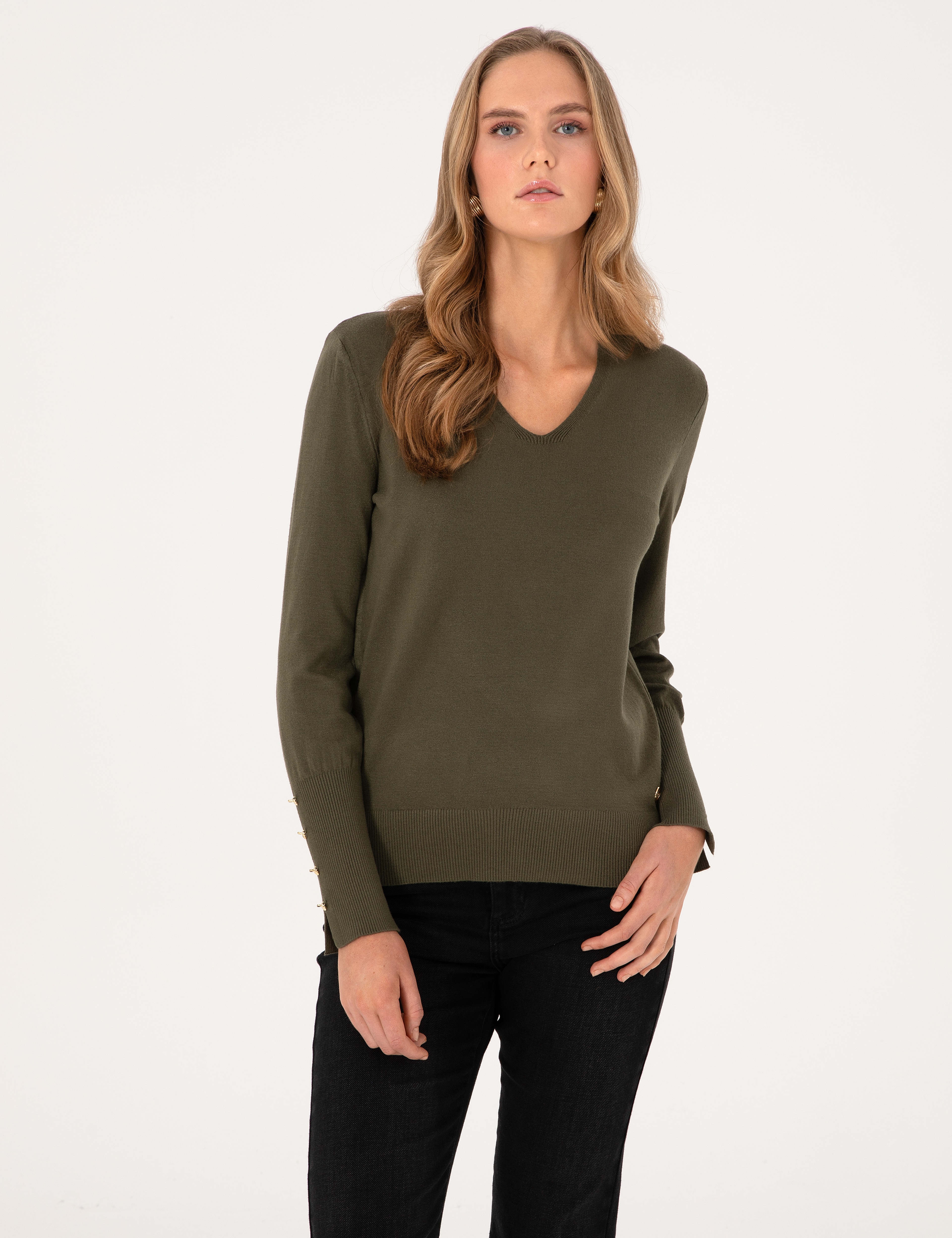 Haki Slim Fit V Yaka Basic Kazak - Image 1