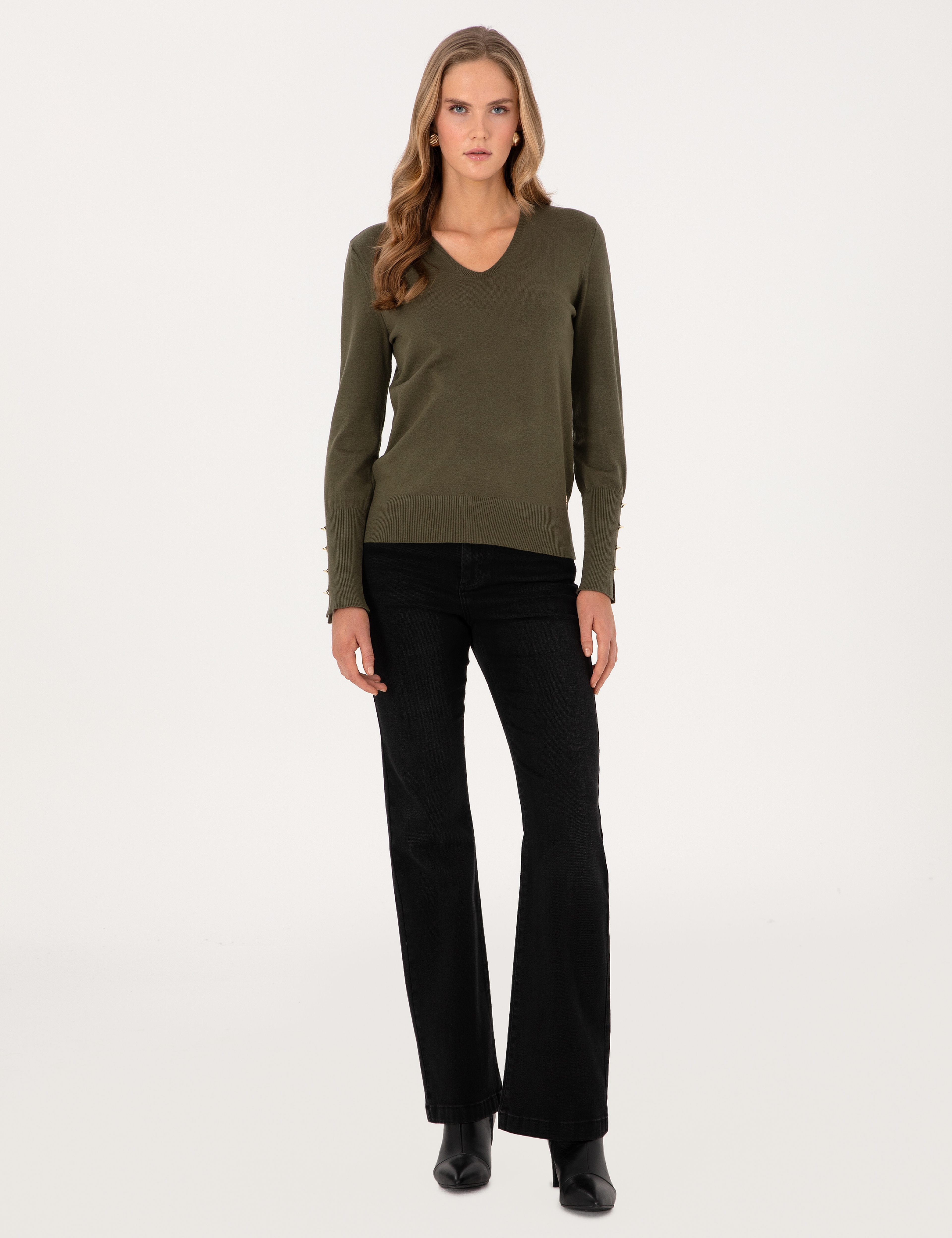 Haki Slim Fit V Yaka Basic Kazak - Image 4