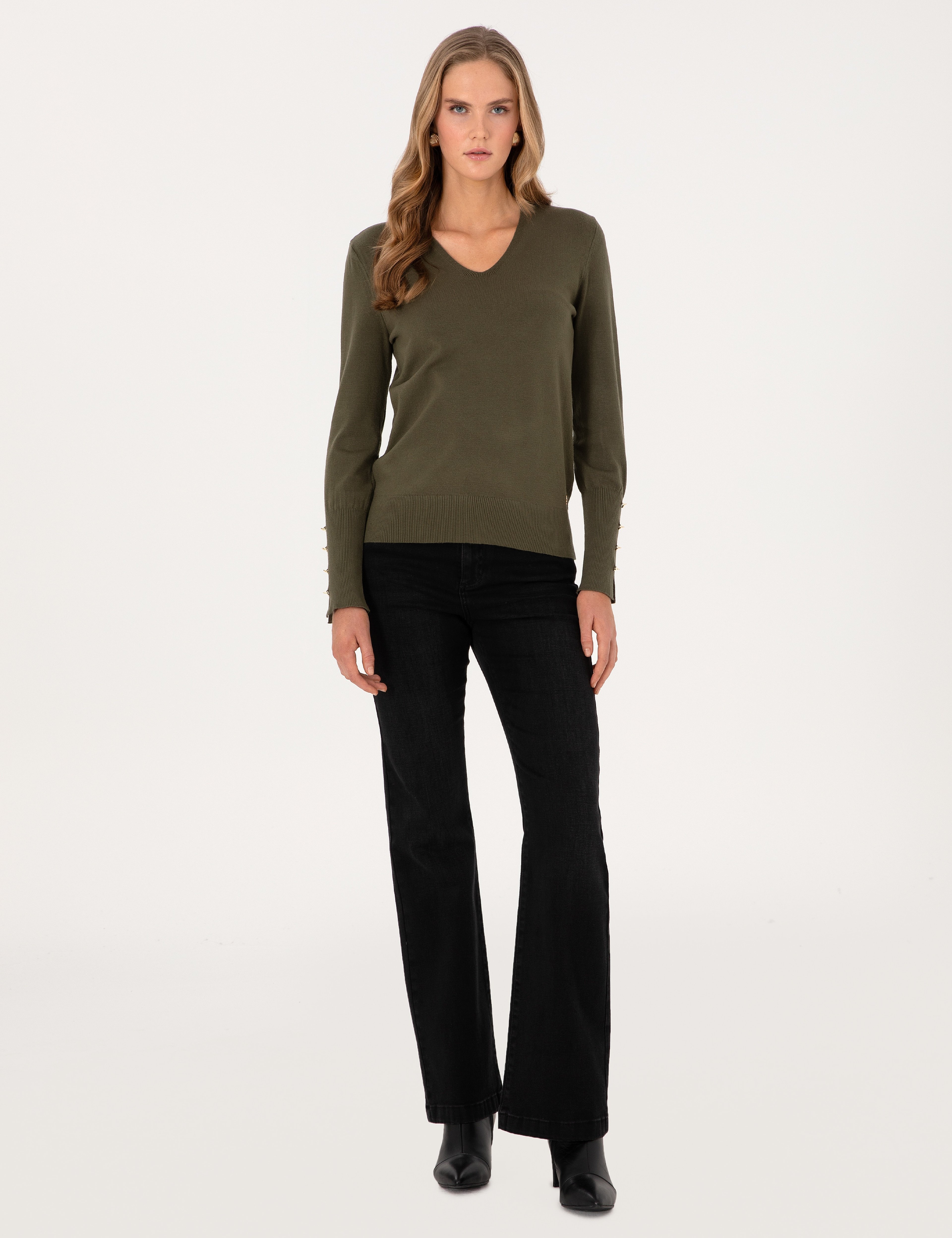 Haki Slim Fit V Yaka Basic Kazak