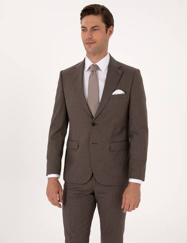 Kahverengi Slim Fit %100 Yün Çizgili Takım Elbise