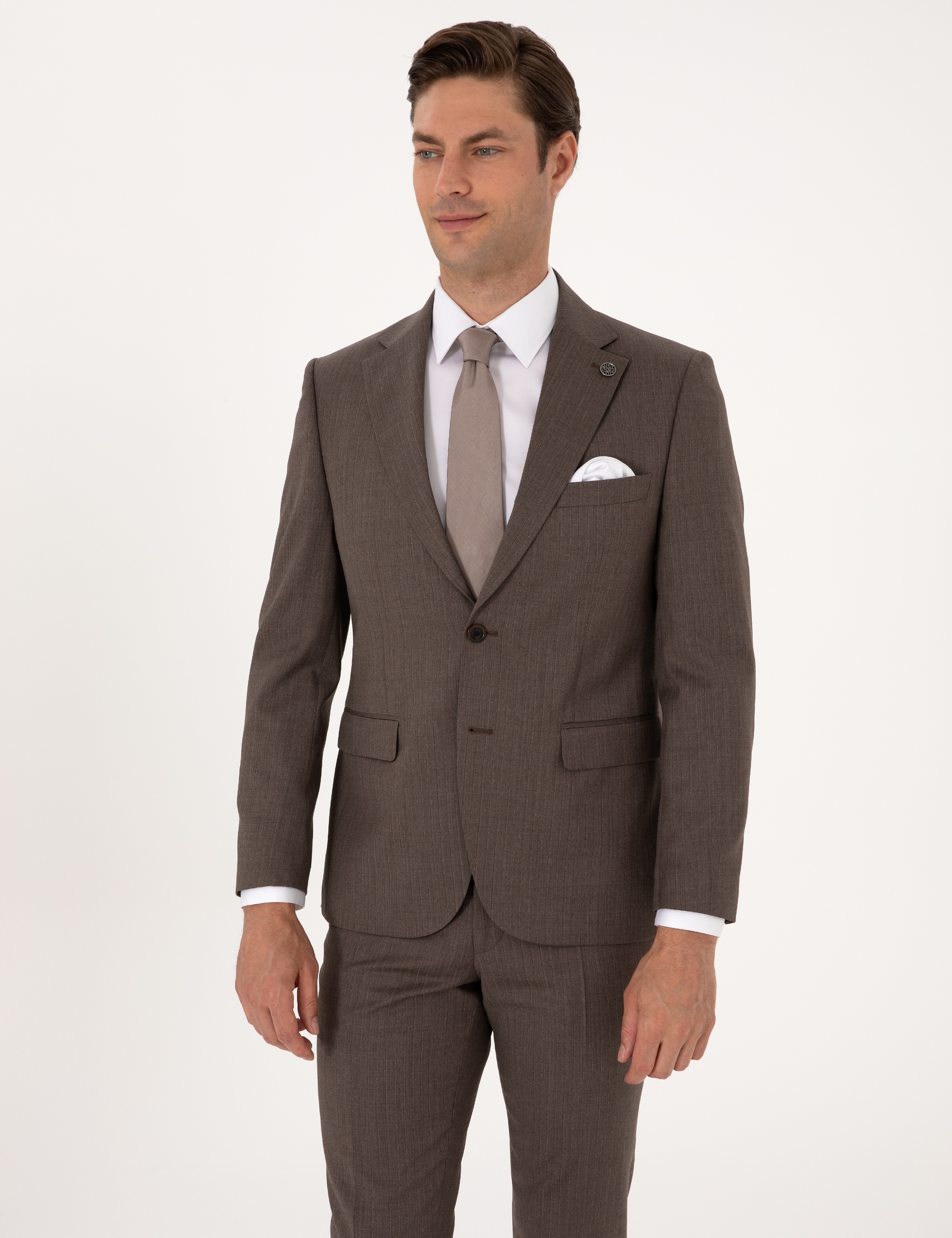 Kahverengi Slim Fit %100 Yün Çizgili Takım Elbise - Image 3