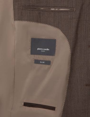 Kahverengi Slim Fit %100 Yün Çizgili Takım Elbise