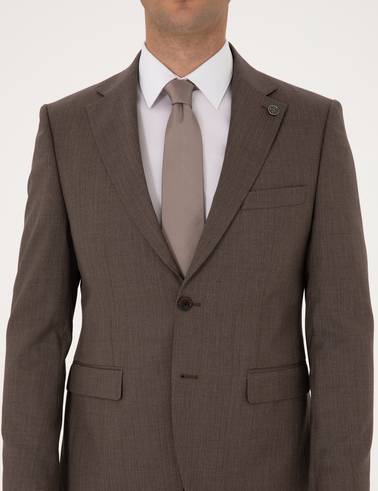 Kahverengi Slim Fit %100 Yün Çizgili Takım Elbise