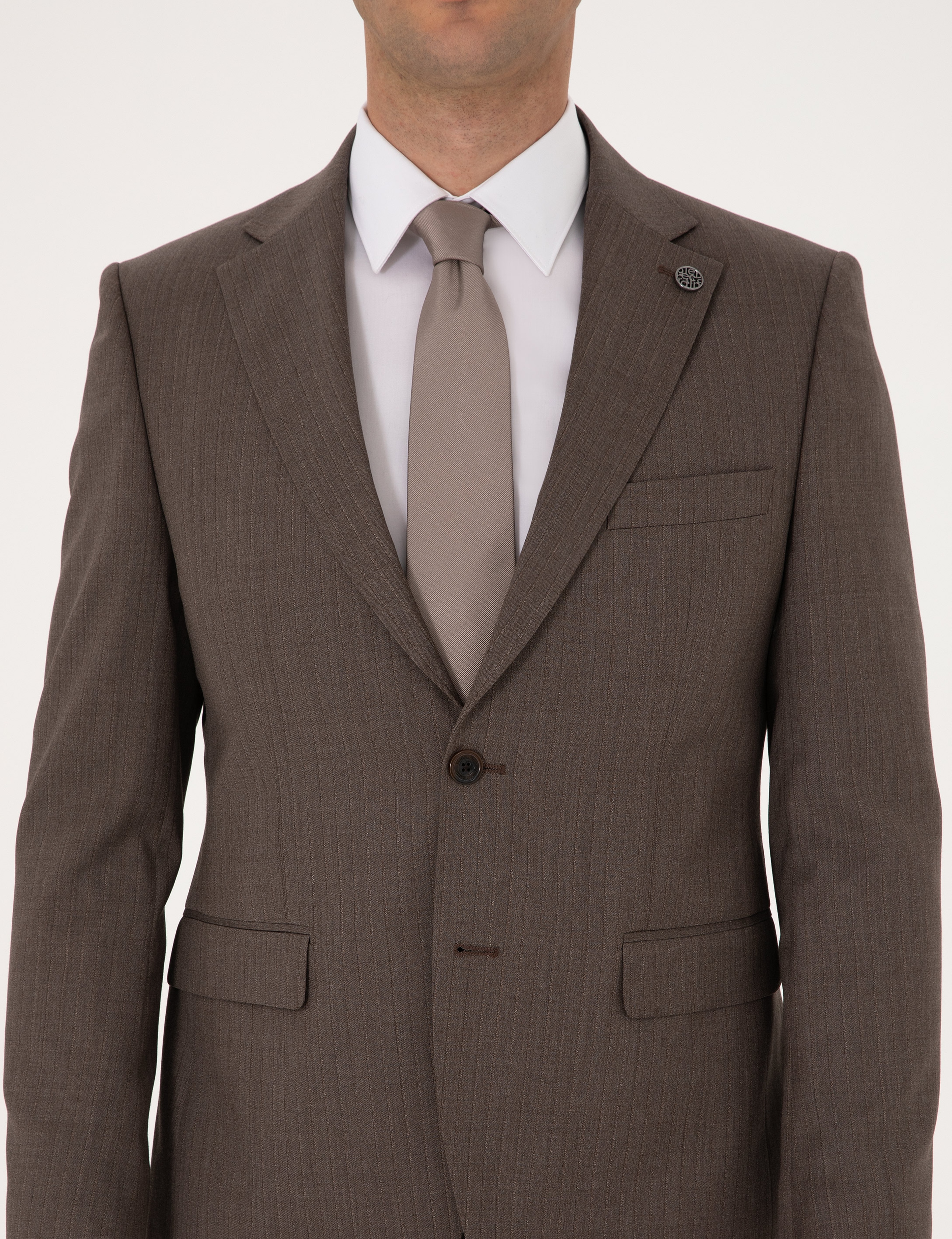 Kahverengi Slim Fit %100 Yün Çizgili Takım Elbise