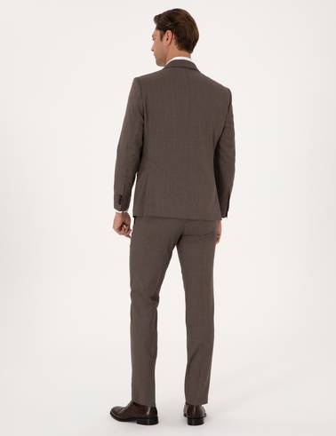 Kahverengi Slim Fit %100 Yün Çizgili Takım Elbise