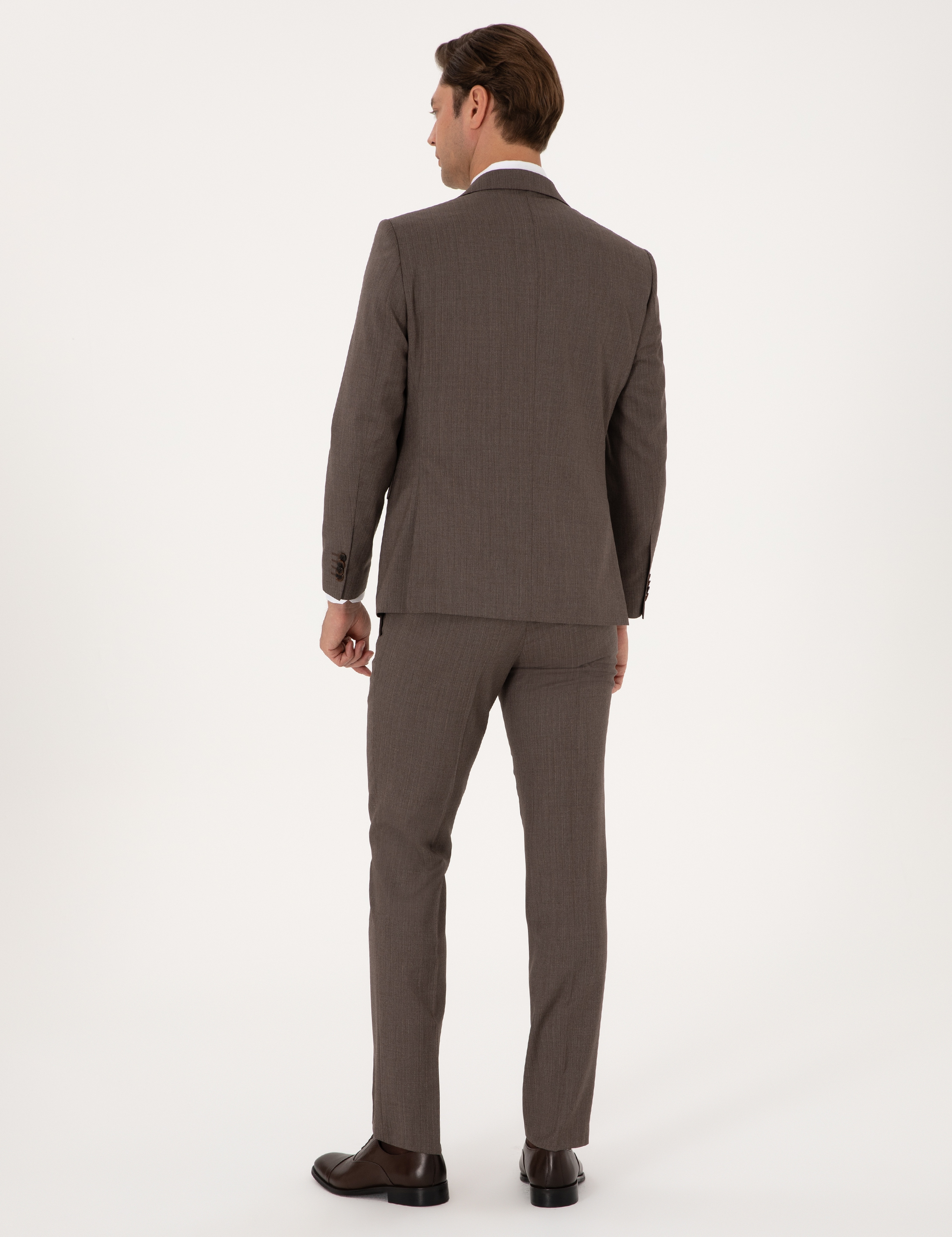 Kahverengi Slim Fit %100 Yün Çizgili Takım Elbise - Image 5