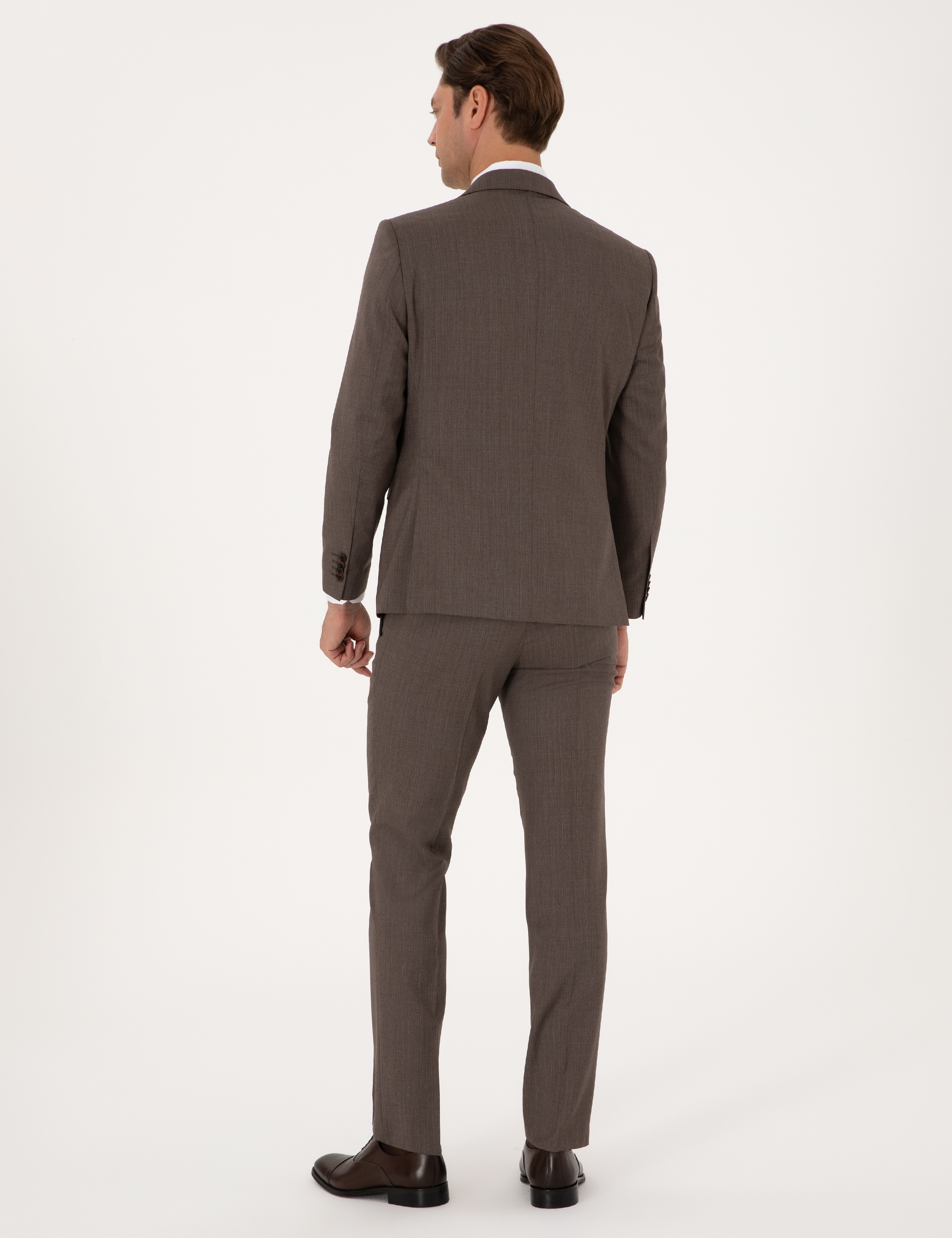Kahverengi Slim Fit %100 Yün Çizgili Takım Elbise