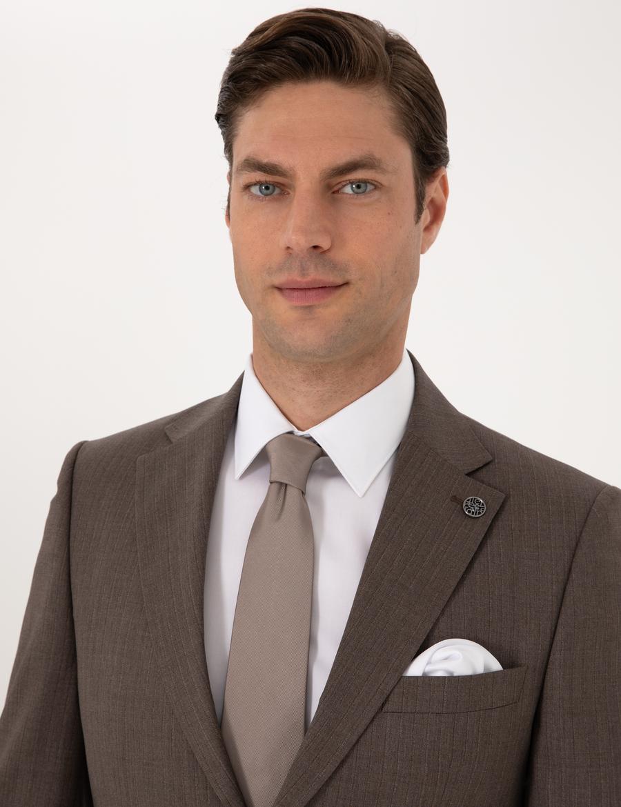 Kahverengi Slim Fit %100 Yün Çizgili Takım Elbise