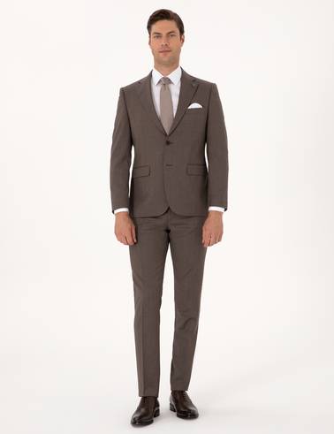 Kahverengi Slim Fit %100 Yün Çizgili Takım Elbise