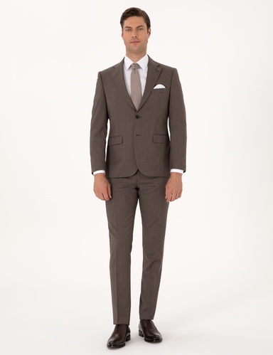 Kahverengi Slim Fit %100 Yün Çizgili Takım Elbise