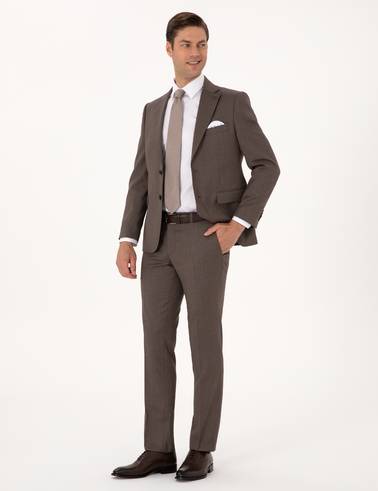 Kahverengi Slim Fit %100 Yün Çizgili Takım Elbise