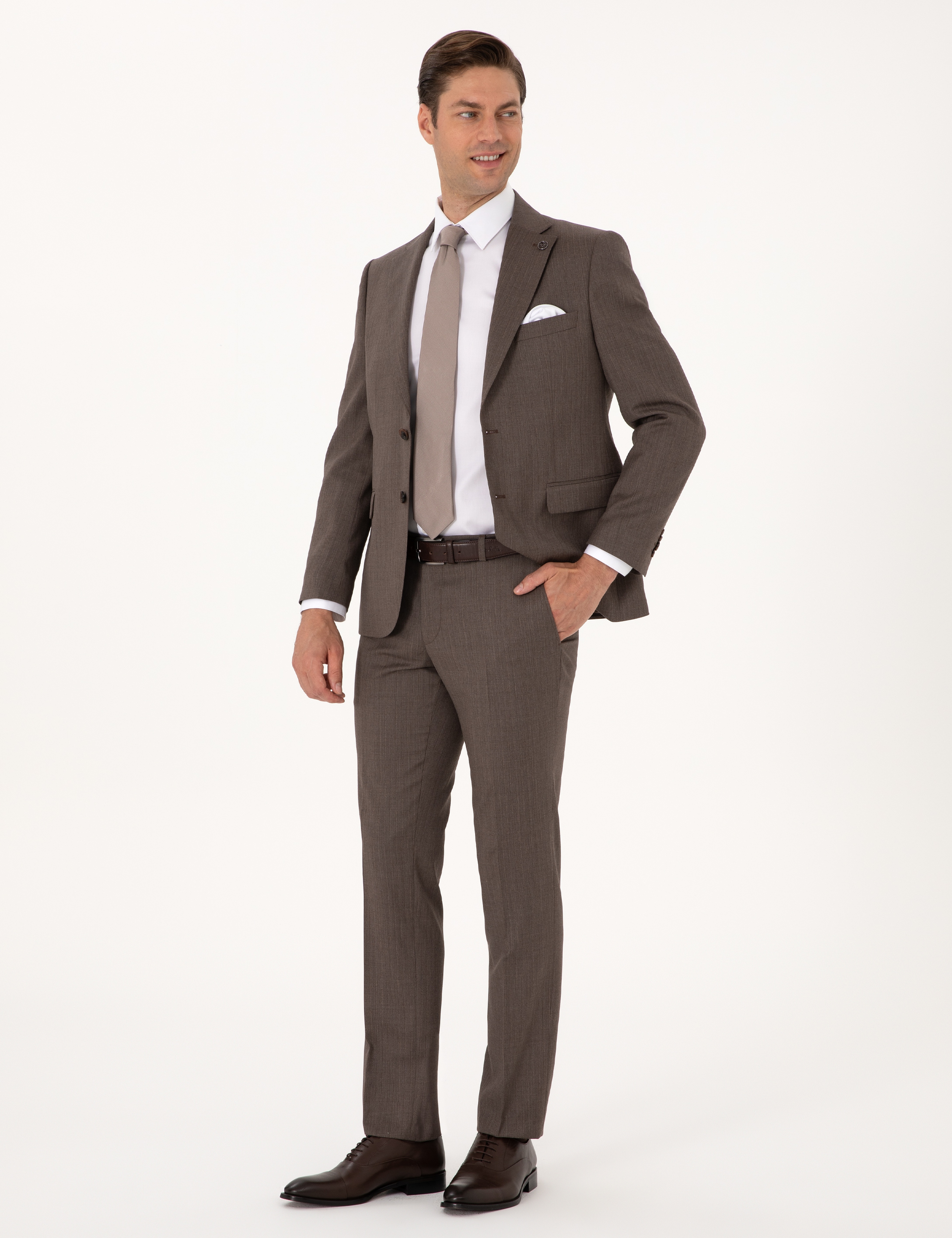Kahverengi Slim Fit %100 Yün Çizgili Takım Elbise - Image 4