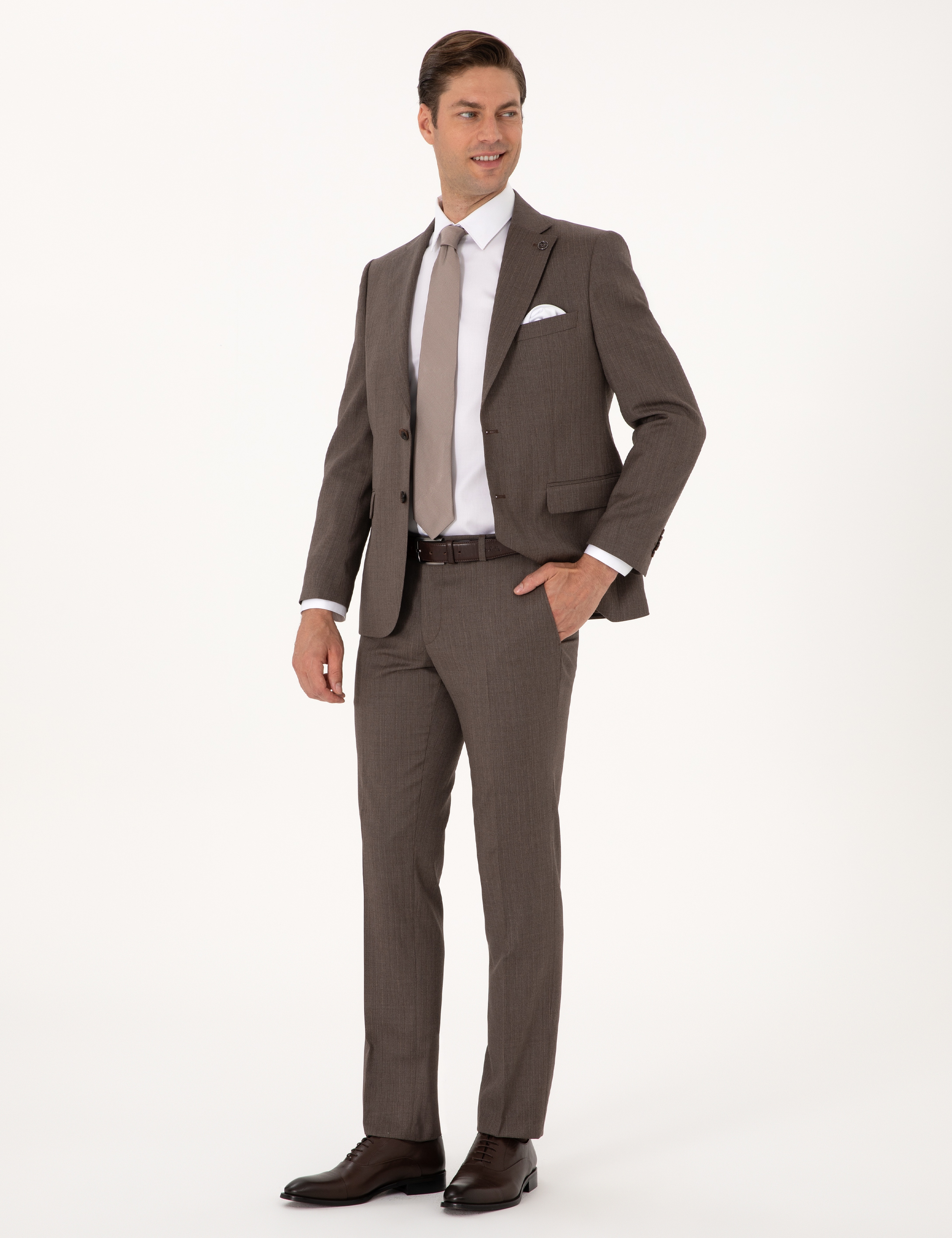 Kahverengi Slim Fit %100 Yün Çizgili Takım Elbise