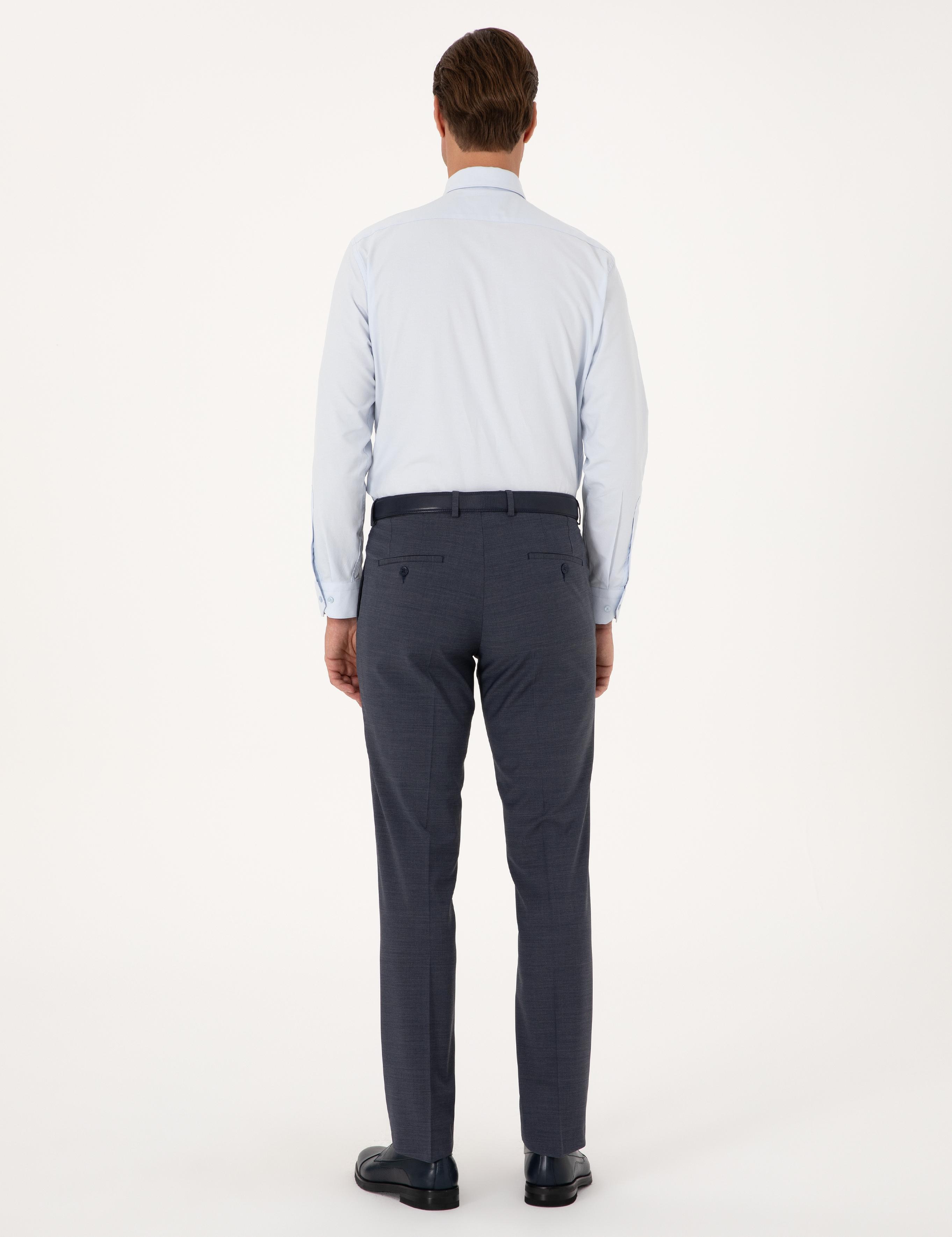 Koyu Mavi Slim Fit Yün Karışımlı Kumaş Pantolon