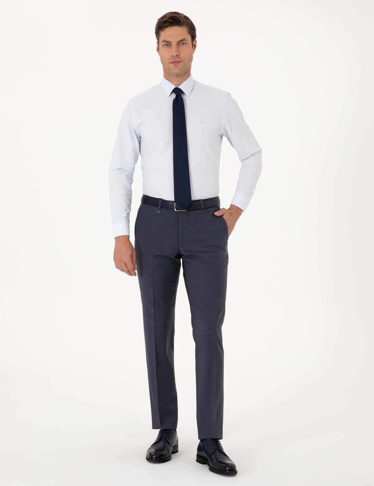 Koyu Mavi Slim Fit Yün Karışımlı Kumaş Pantolon