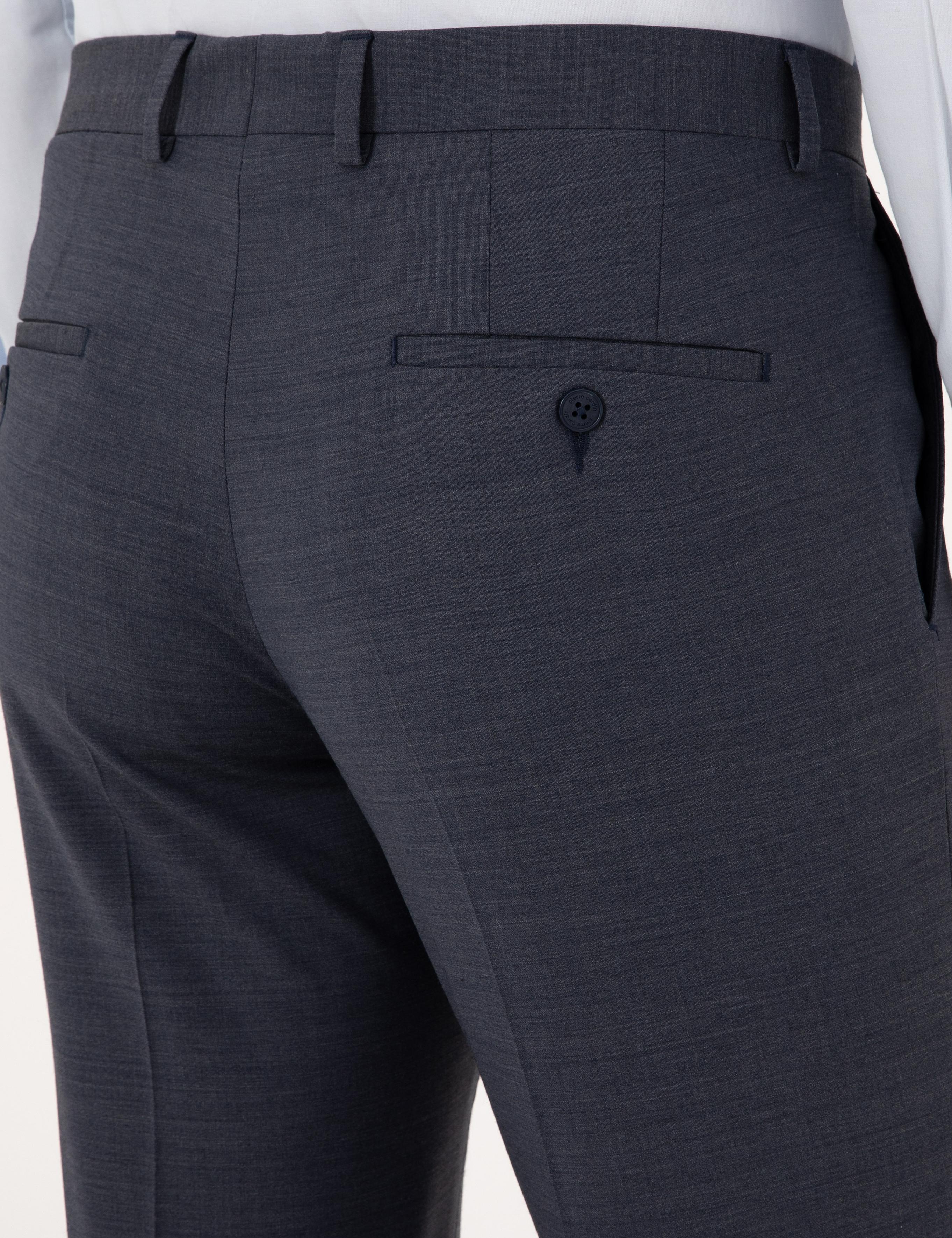 Koyu Mavi Slim Fit Yün Karışımlı Kumaş Pantolon