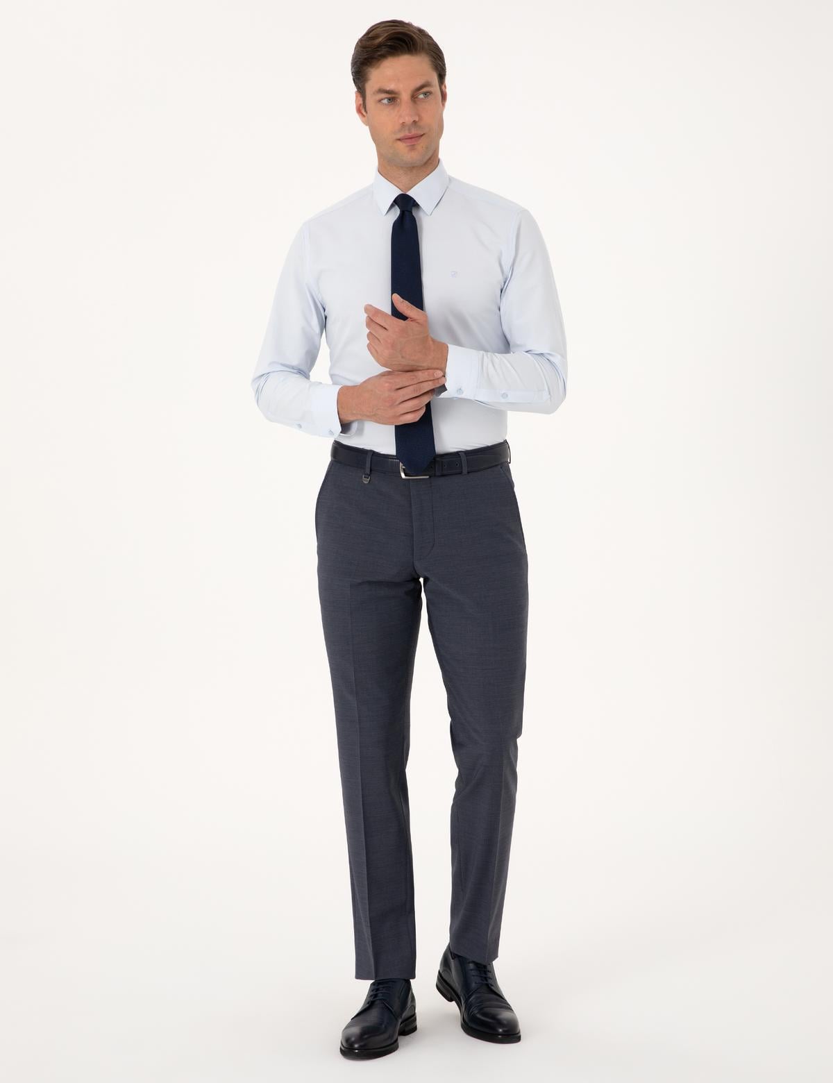 Koyu Mavi Slim Fit Yün Karışımlı Kumaş Pantolon - 50317636024