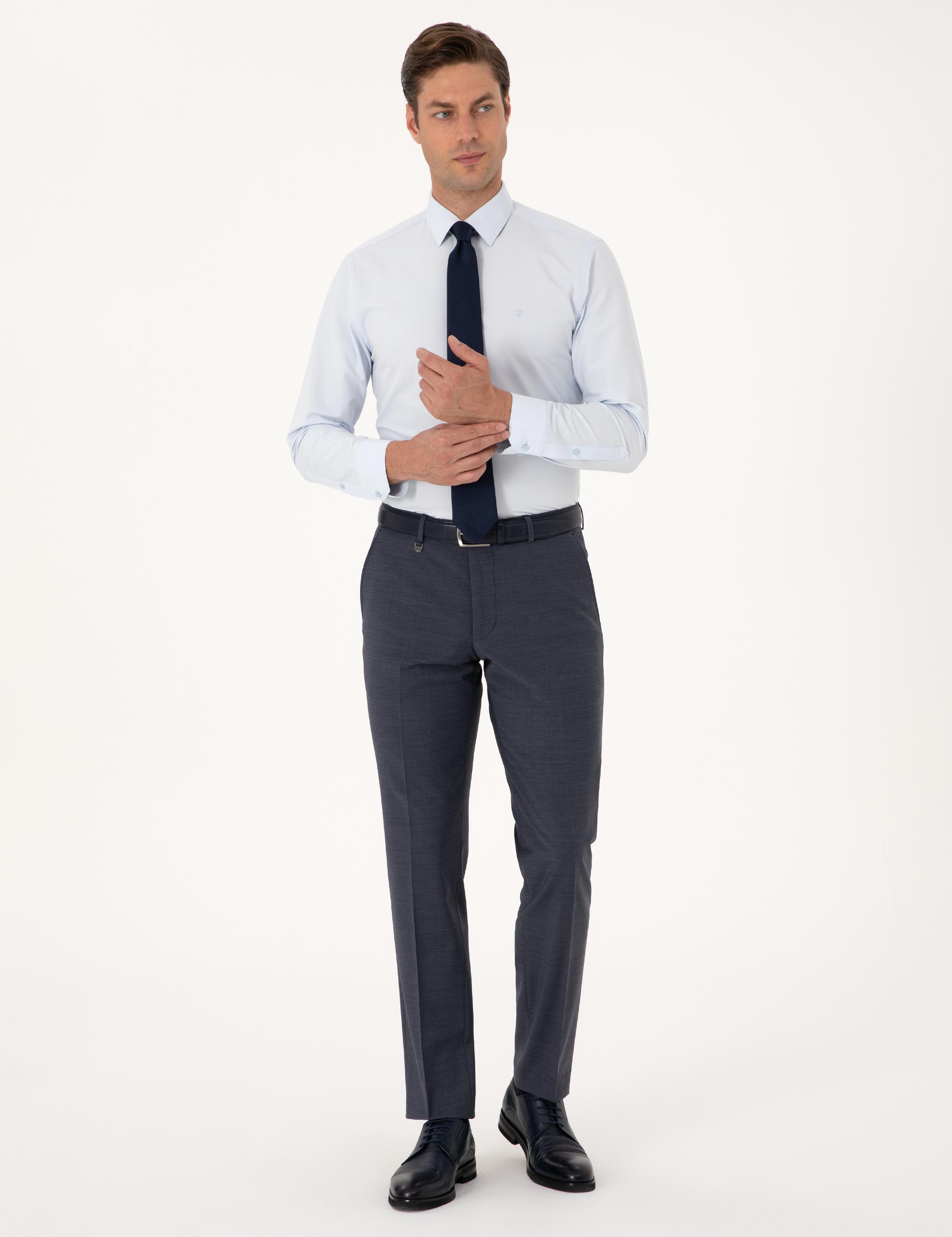 Koyu Mavi Slim Fit Yün Karışımlı Kumaş Pantolon