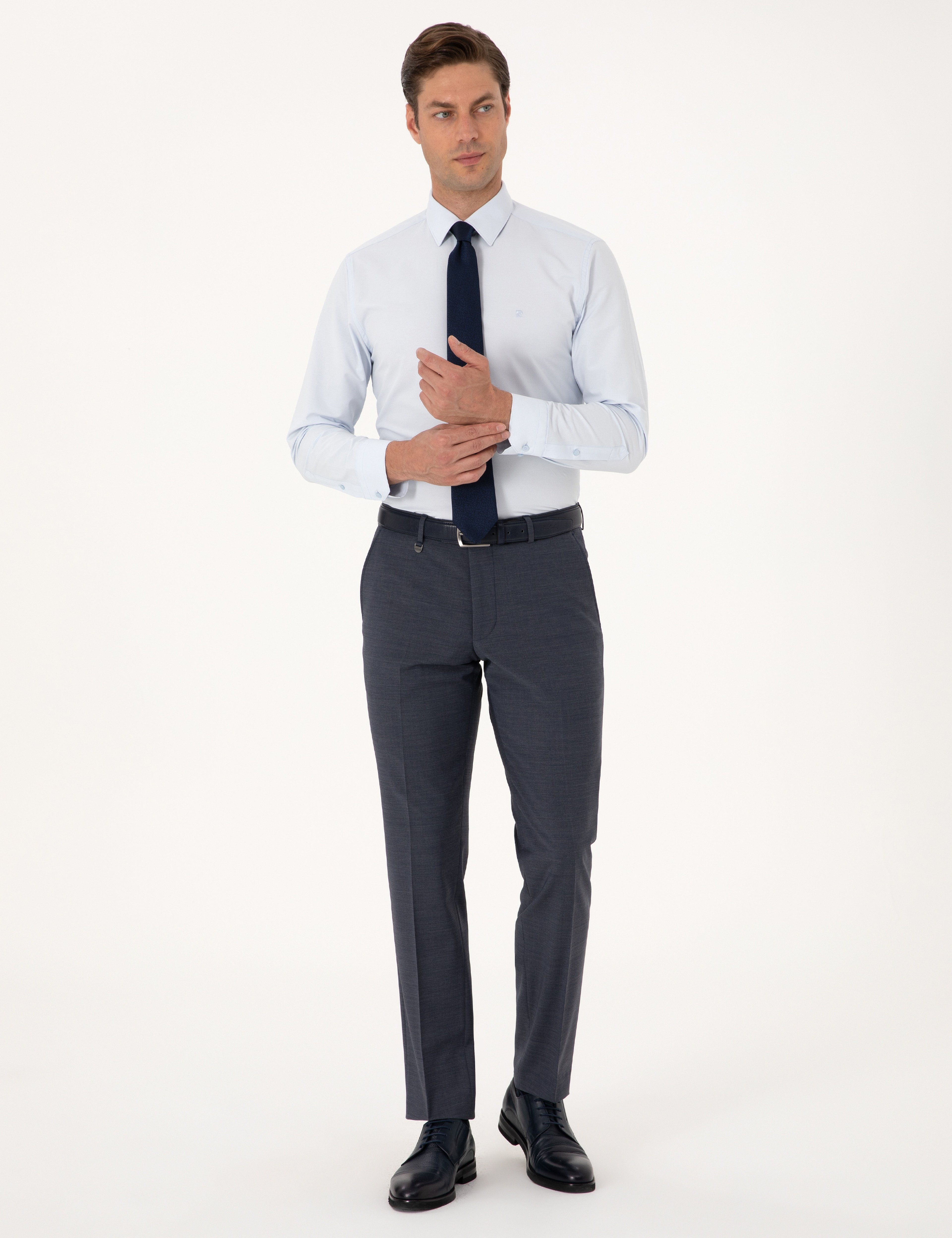 Koyu Mavi Slim Fit Yün Karışımlı Kumaş Pantolon - Image 3