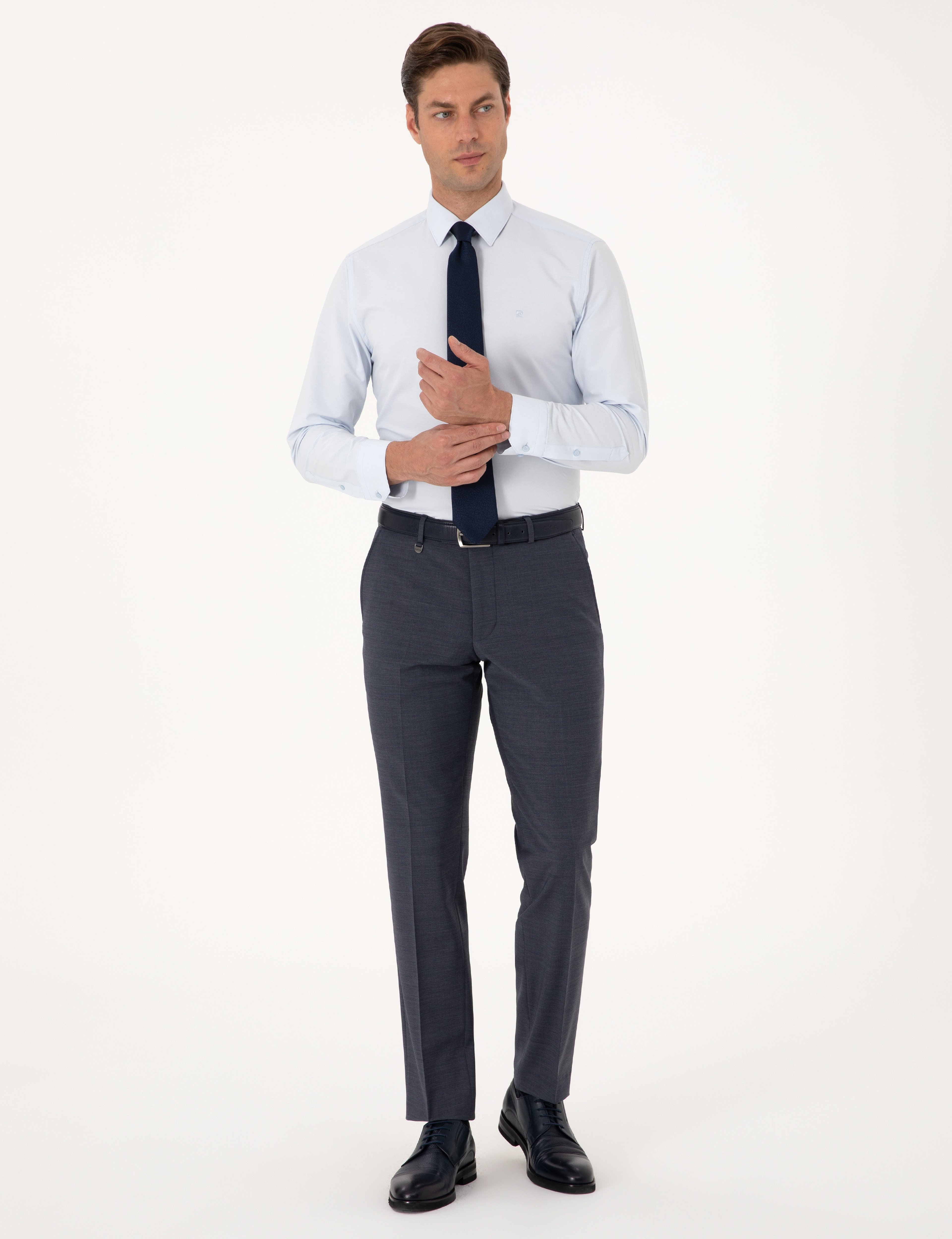 Koyu Mavi Slim Fit Yün Karışımlı Kumaş Pantolon