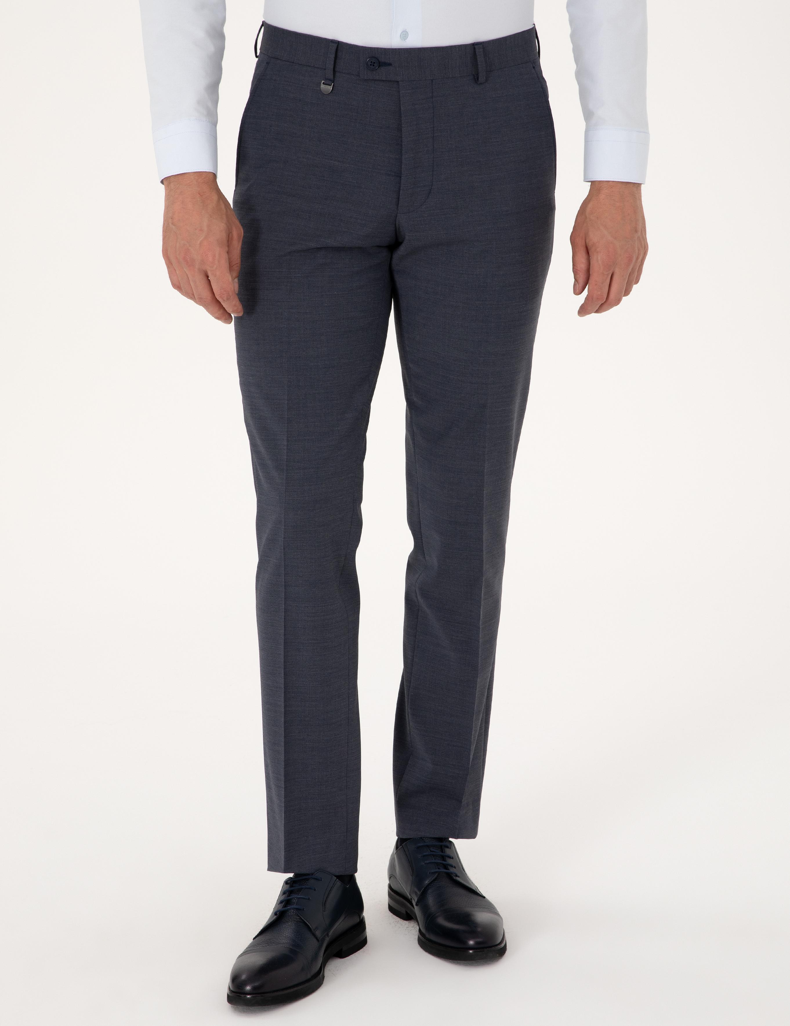 Koyu Mavi Slim Fit Yün Karışımlı Kumaş Pantolon