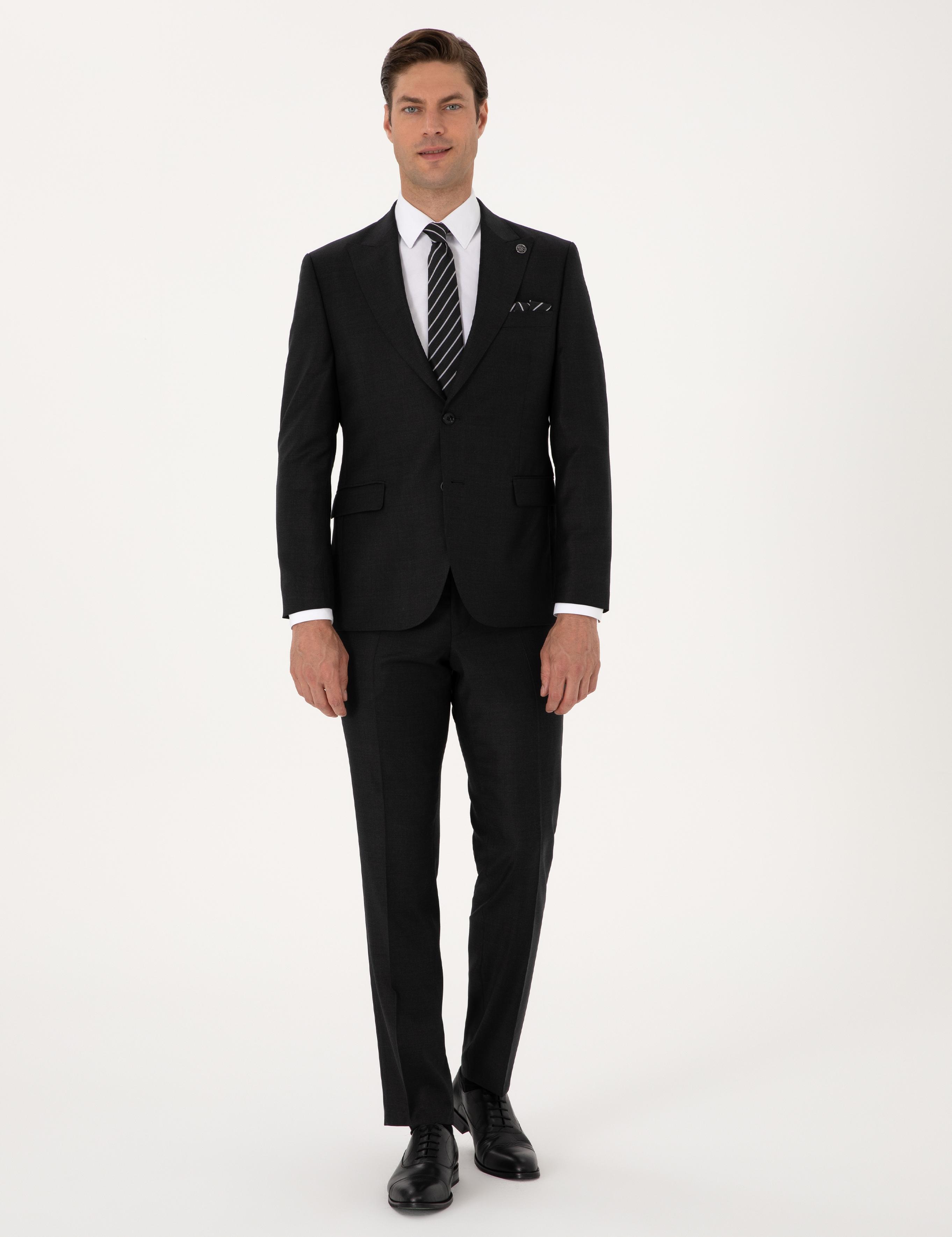 Antrasit Slim Fit Yün Kaşmir Karışımlı Takım Elbise