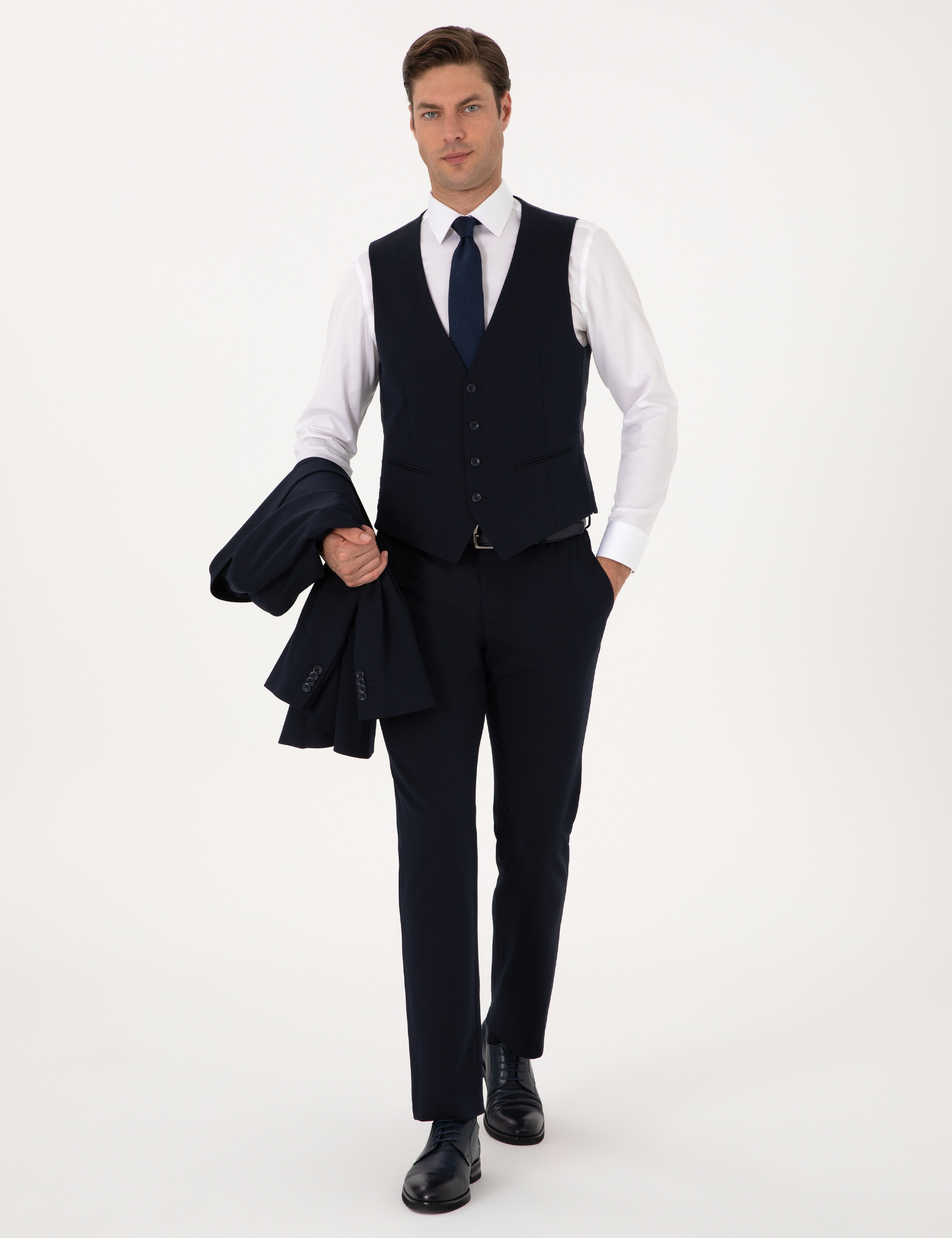 Lacivert Slim Fit Yelekli Takım Elbise