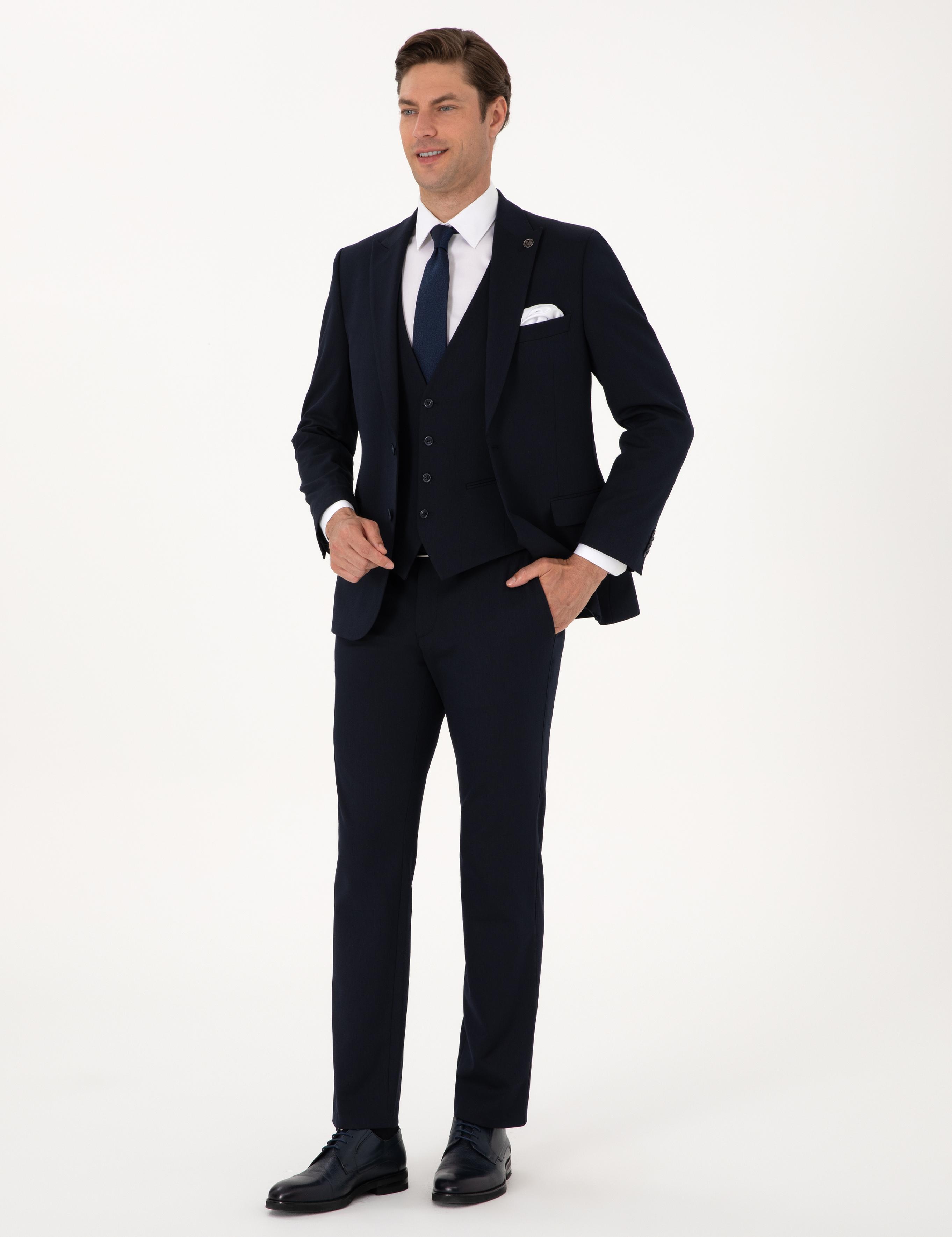 Lacivert Slim Fit Yelekli Takım Elbise