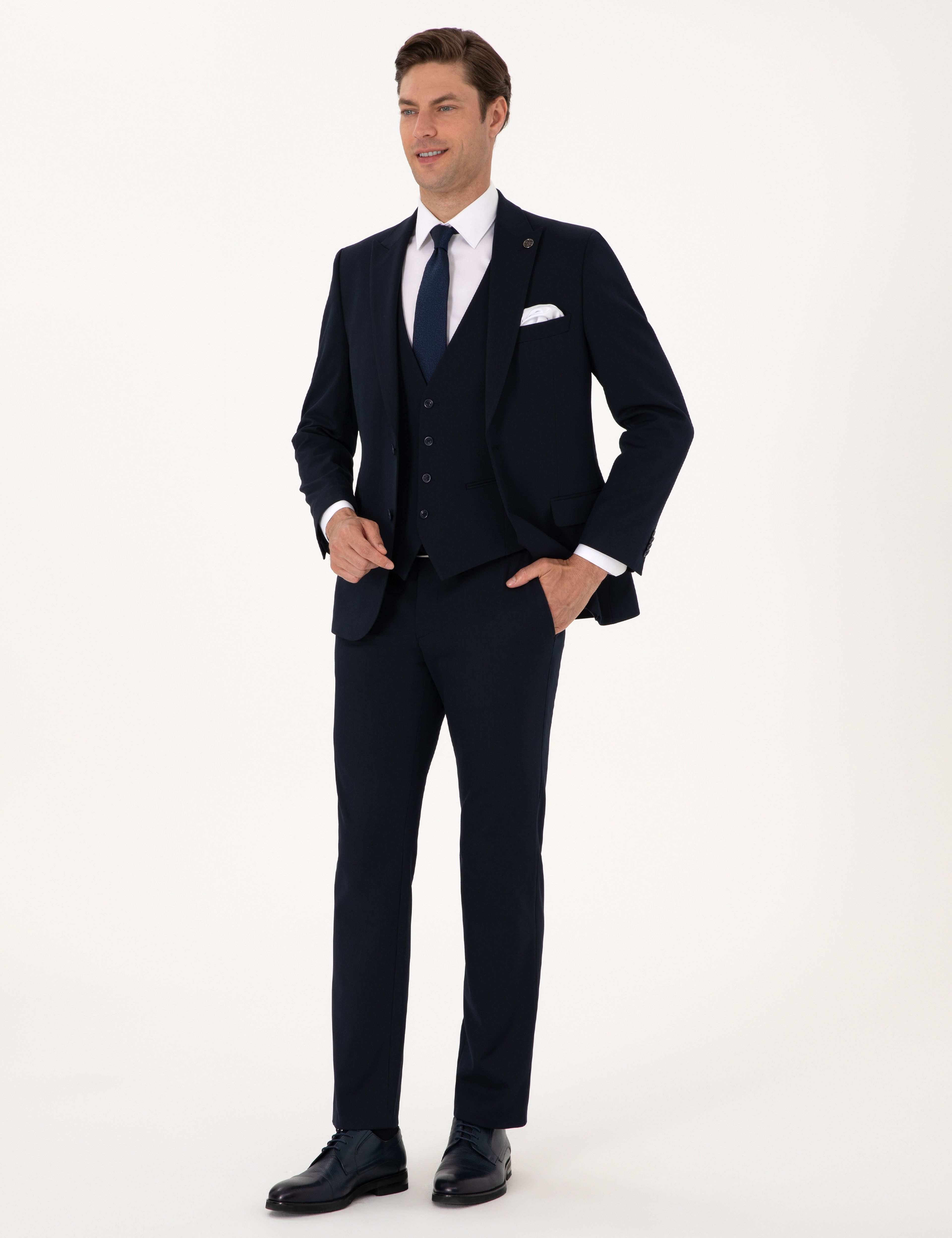 Lacivert Slim Fit Yelekli Takım Elbise - Image 5