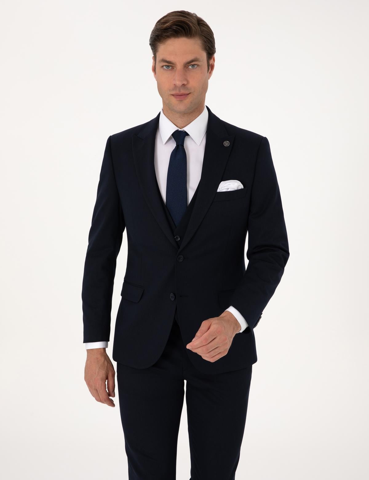 Lacivert Slim Fit Yelekli Takım Elbise - 50316782080