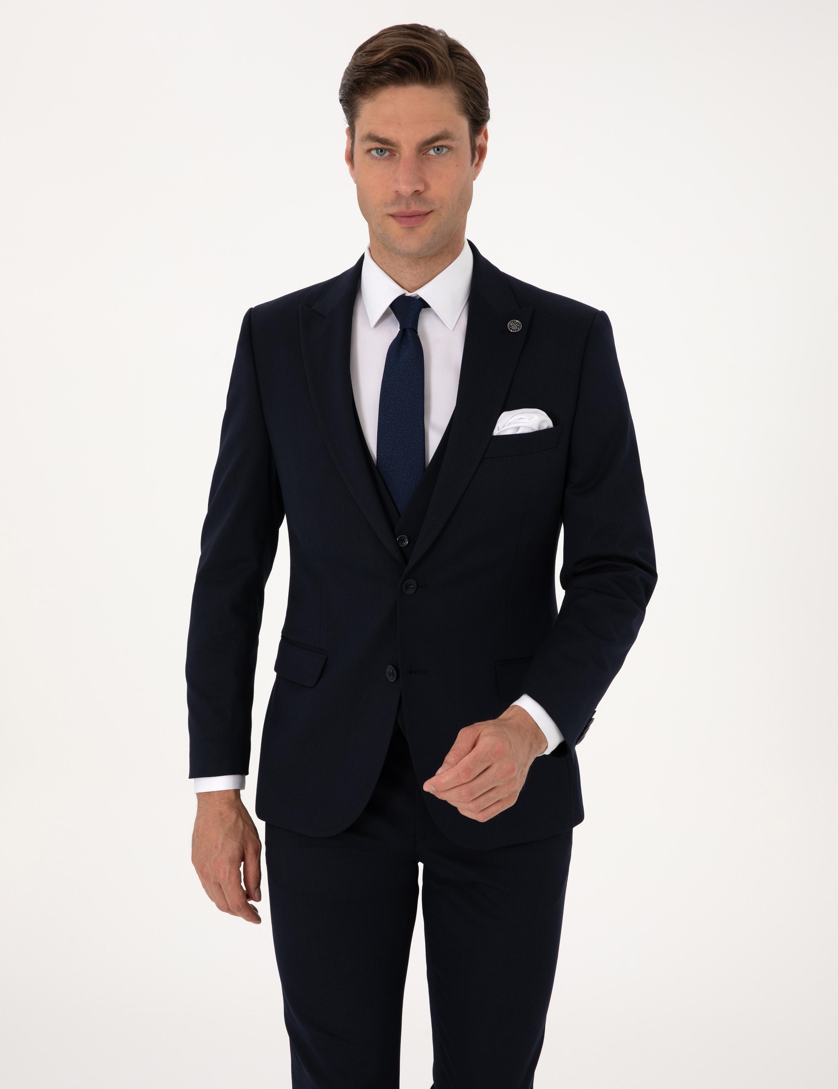 Lacivert Slim Fit Yelekli Takım Elbise