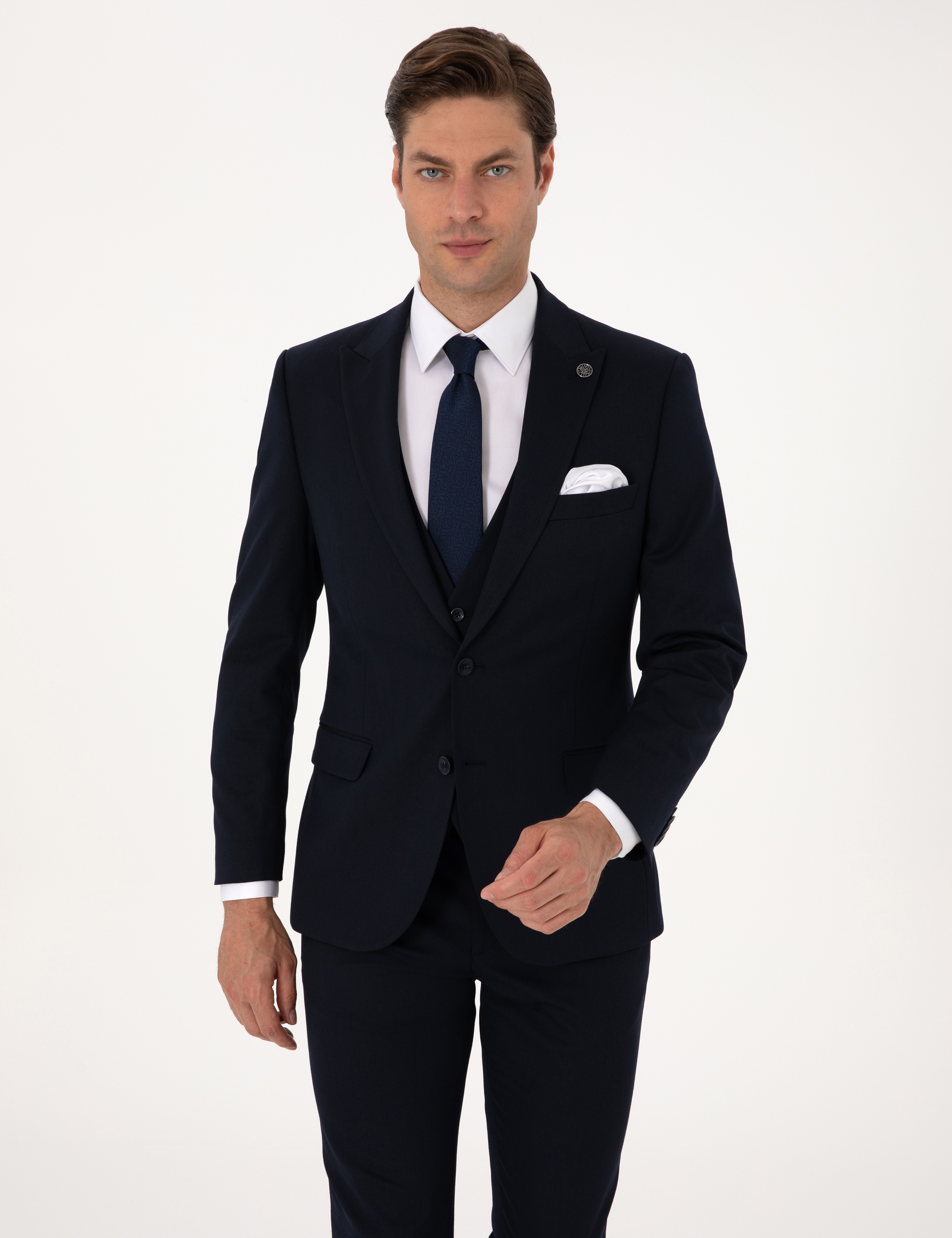 Lacivert Slim Fit Yelekli Takım Elbise - Image 3