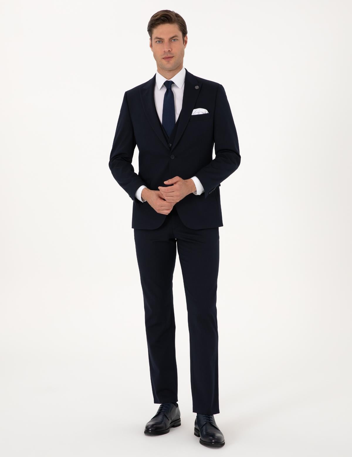 Lacivert Slim Fit Yelekli Takım Elbise