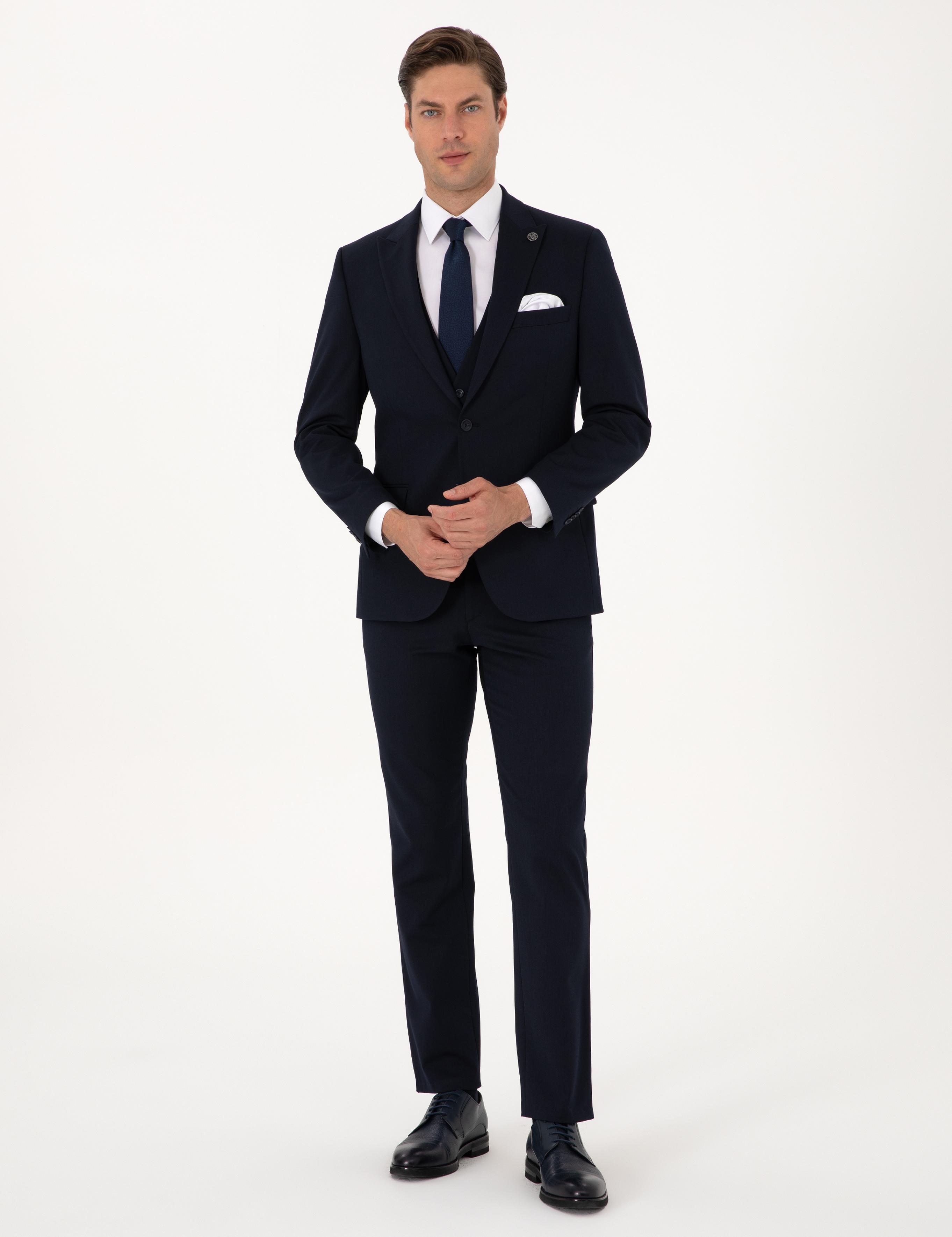 Lacivert Slim Fit Yelekli Takım Elbise