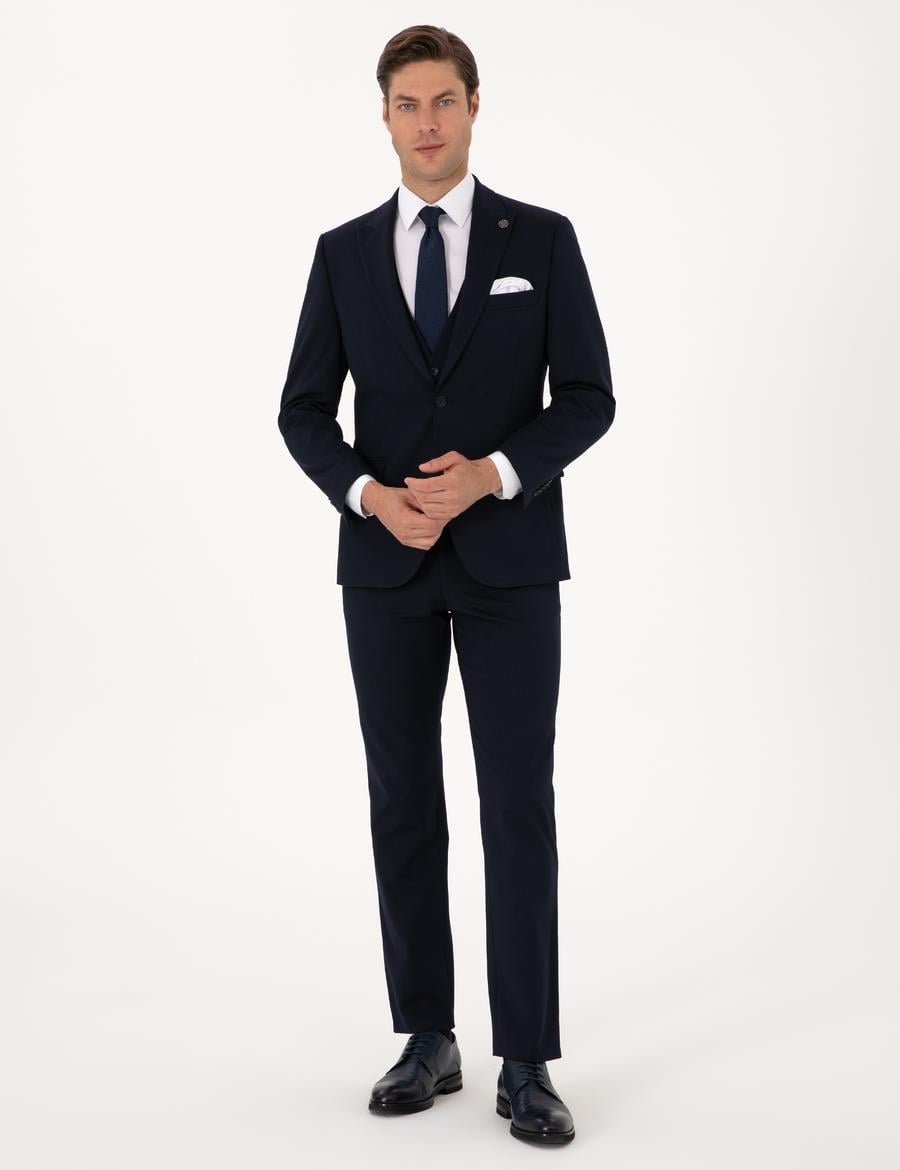 Lacivert Slim Fit Yelekli Takım Elbise