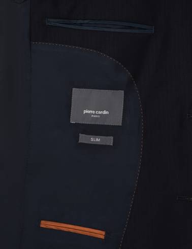 Lacivert Slim Fit %100 Yün Çizgili Takım Elbise