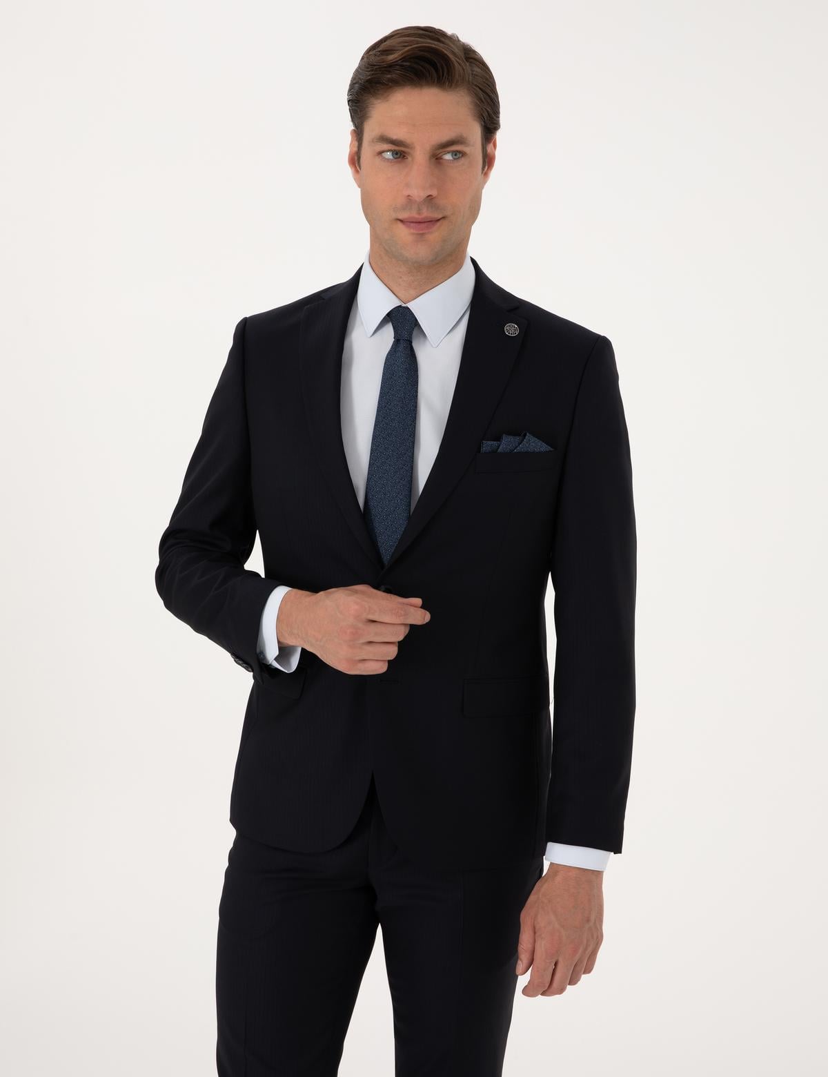 Lacivert Slim Fit %100 Yün Çizgili Takım Elbise - 50311239014